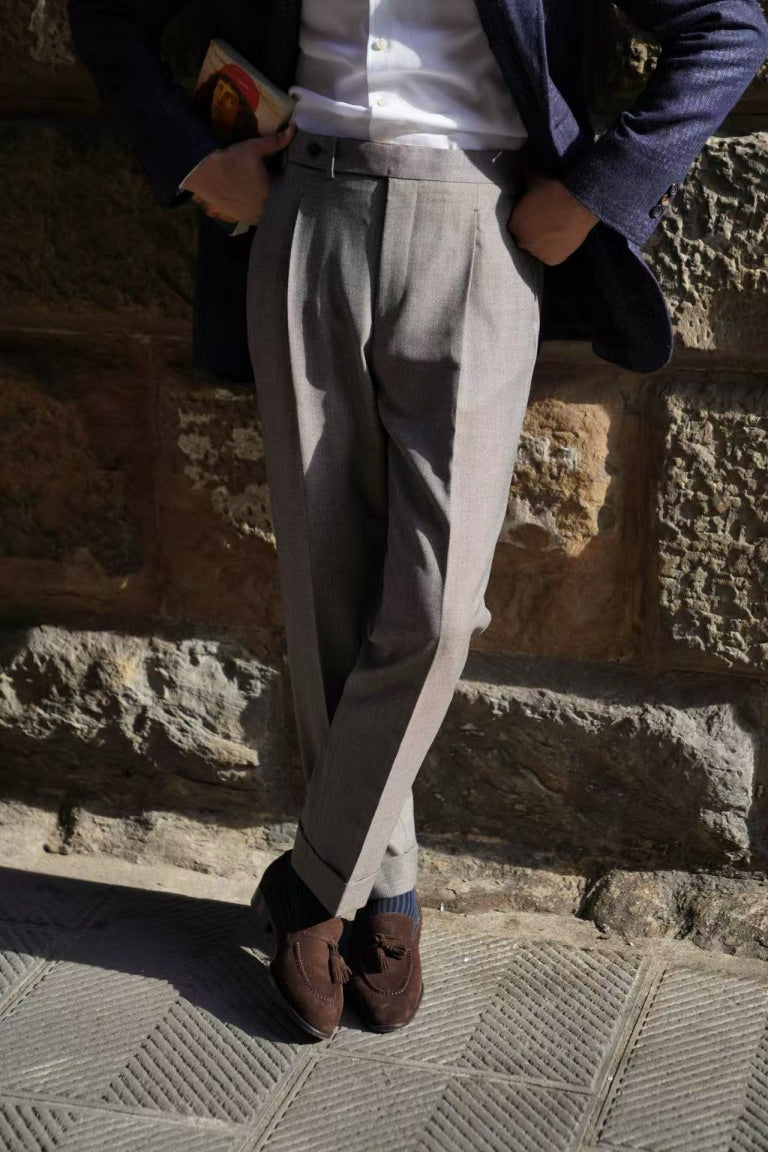 Taupe Worsted Wool Sharkskin Trousers #479