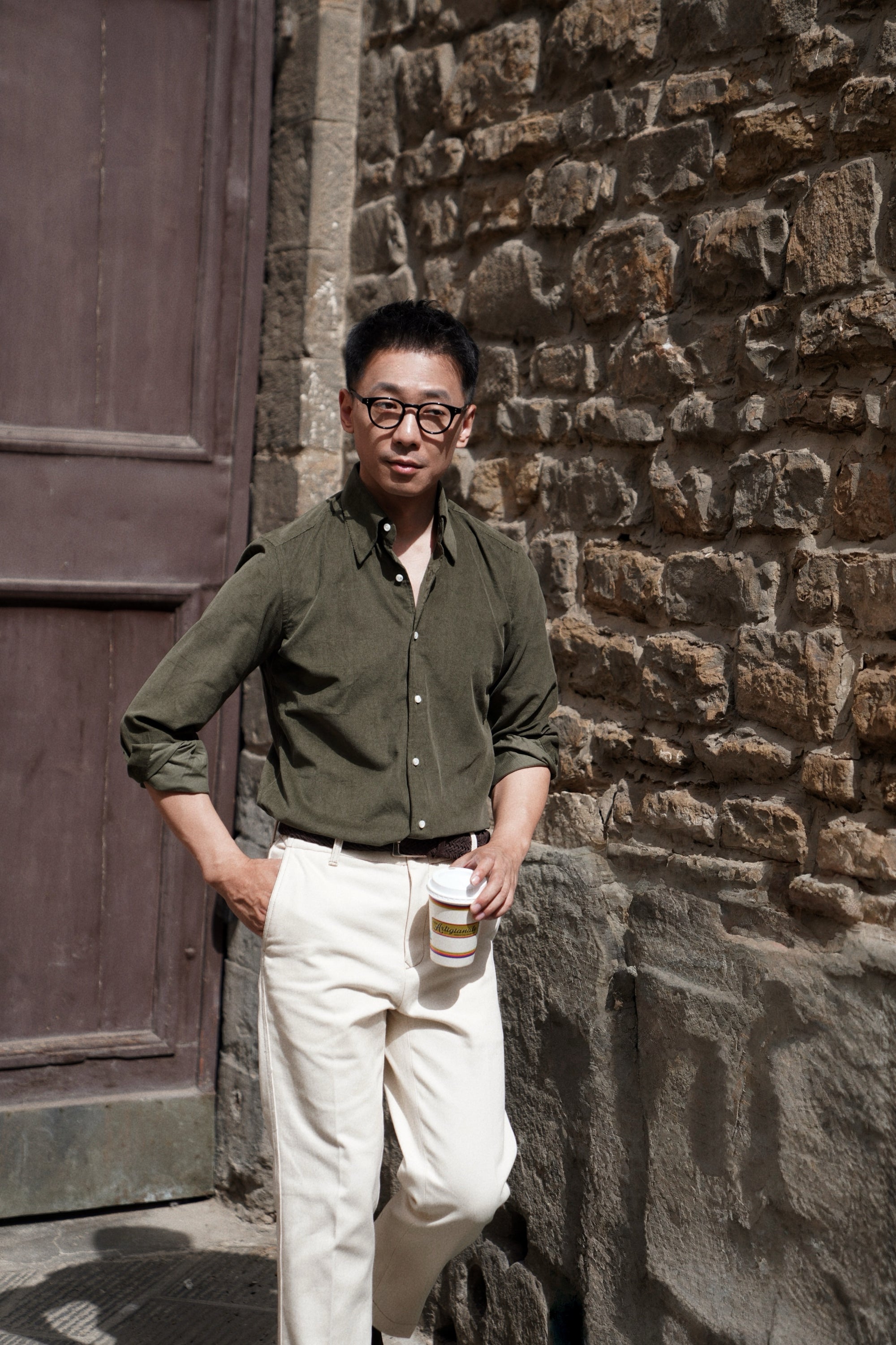 Olive / Cream Cotton Corduroy Shirt #485 #496