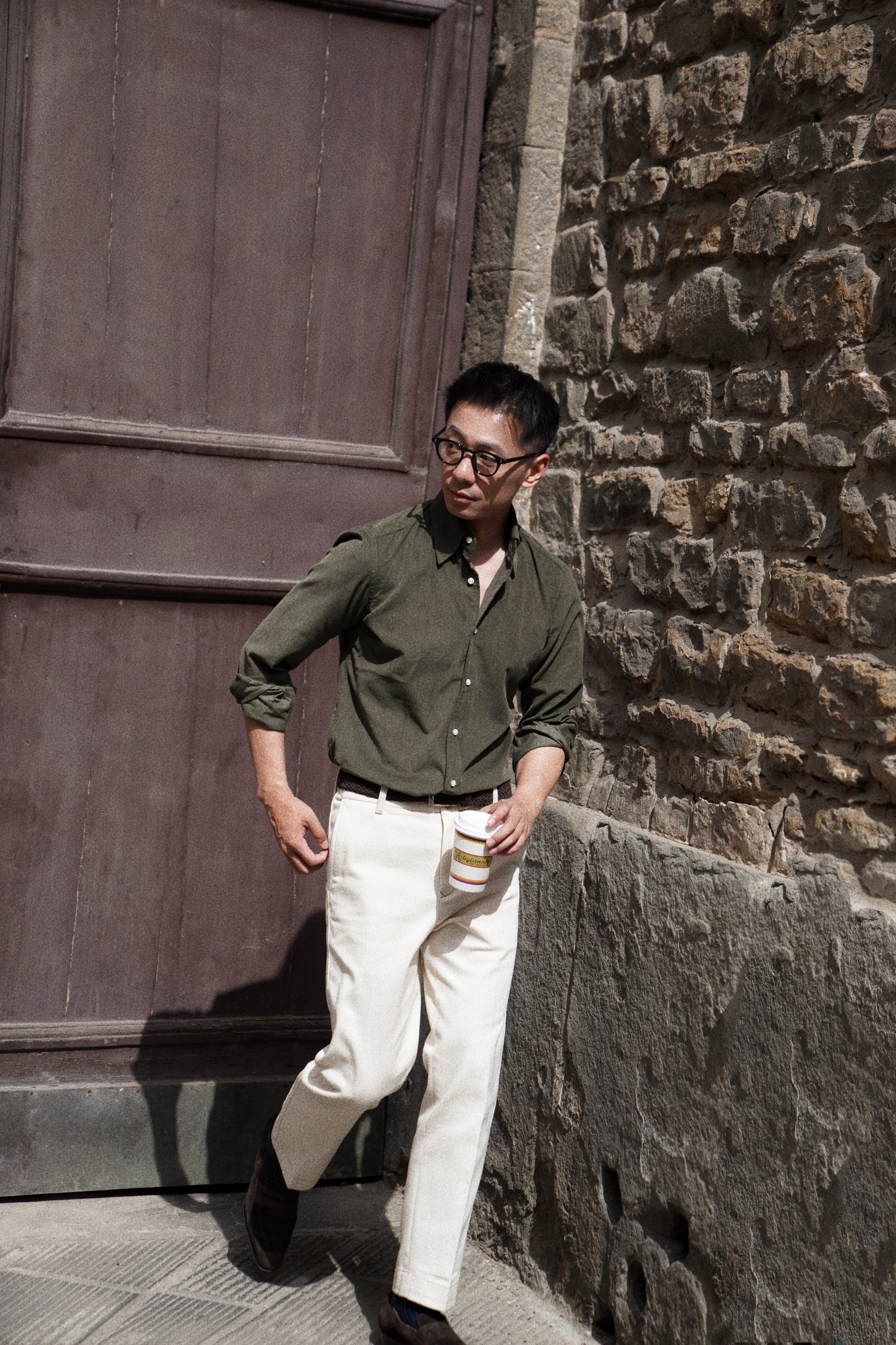 Olive / Cream Cotton Corduroy Shirt #485 #496