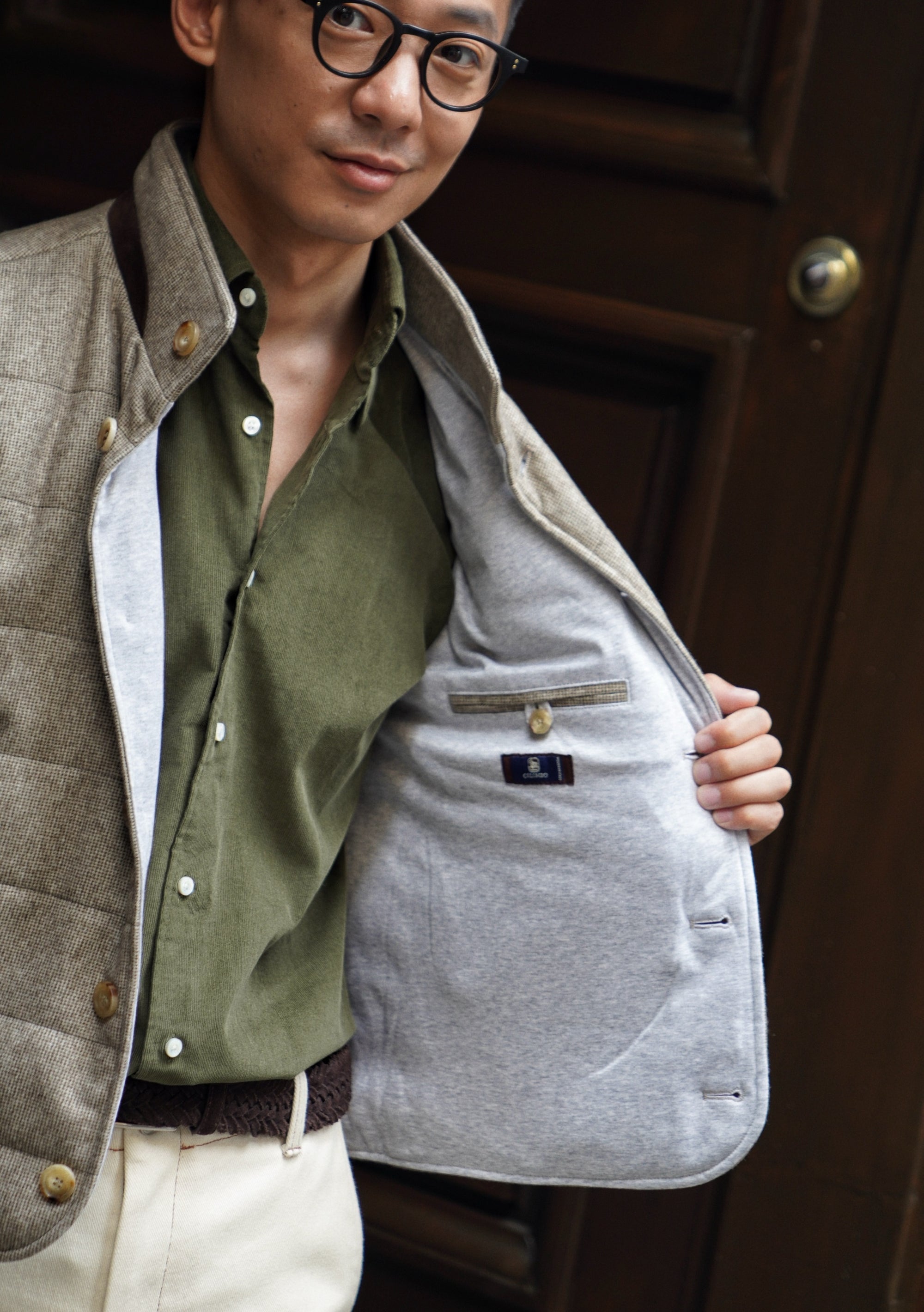 Olive / Cream Cotton Corduroy Shirt #485 #496