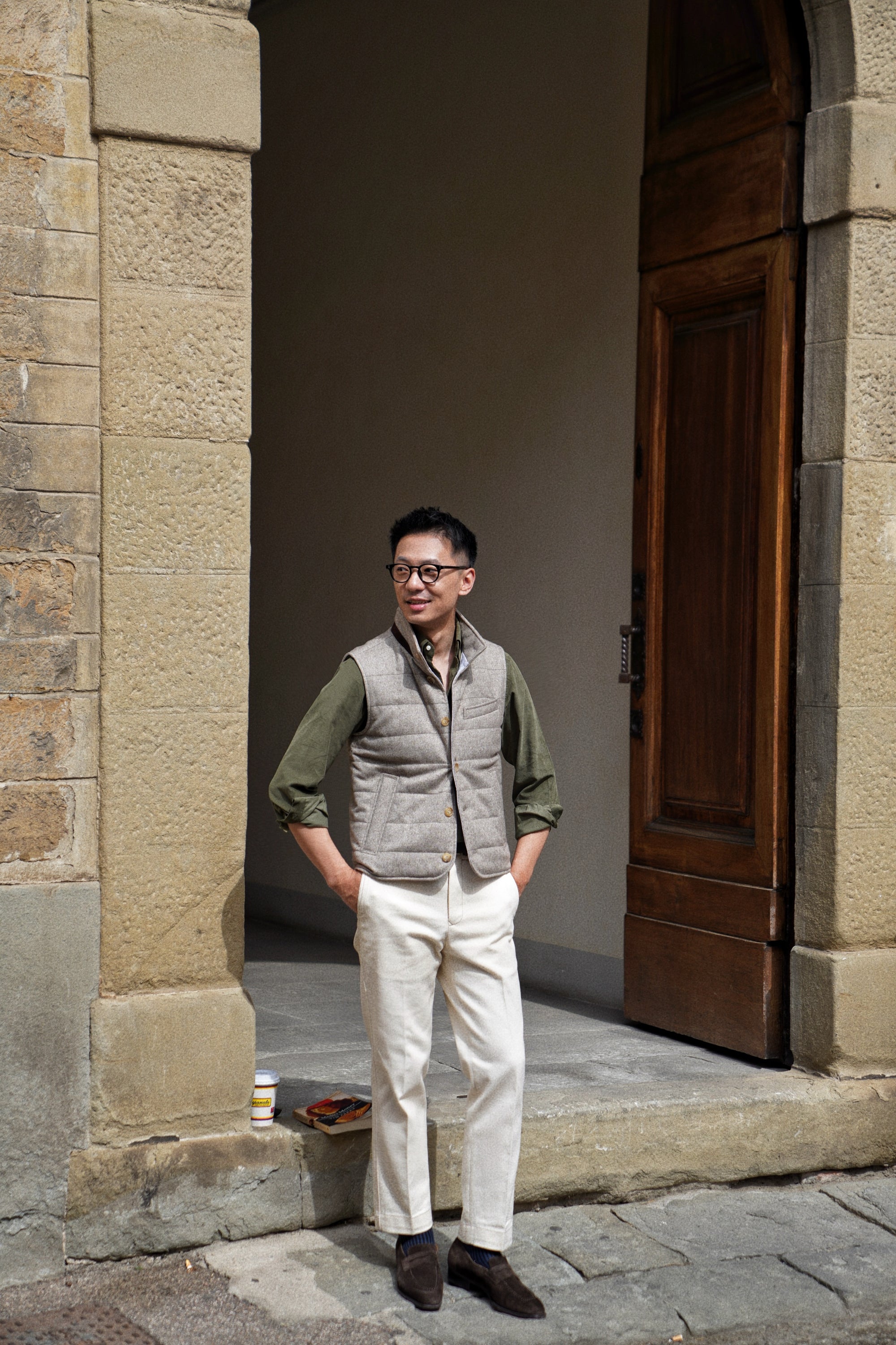 Olive / Cream Cotton Corduroy Shirt #485 #496