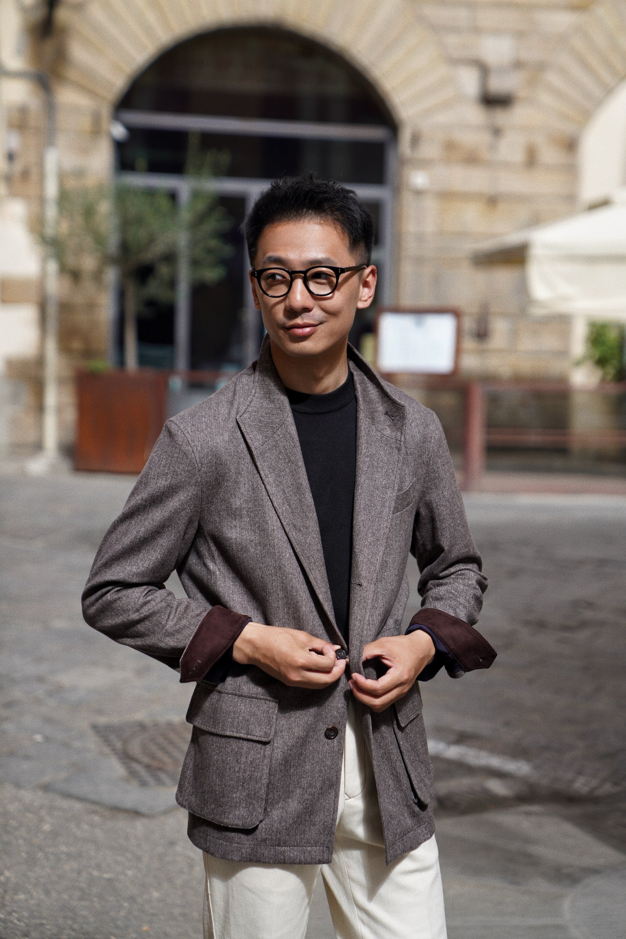 Taupe Herringbone Silk Wool Teba Jacket #221