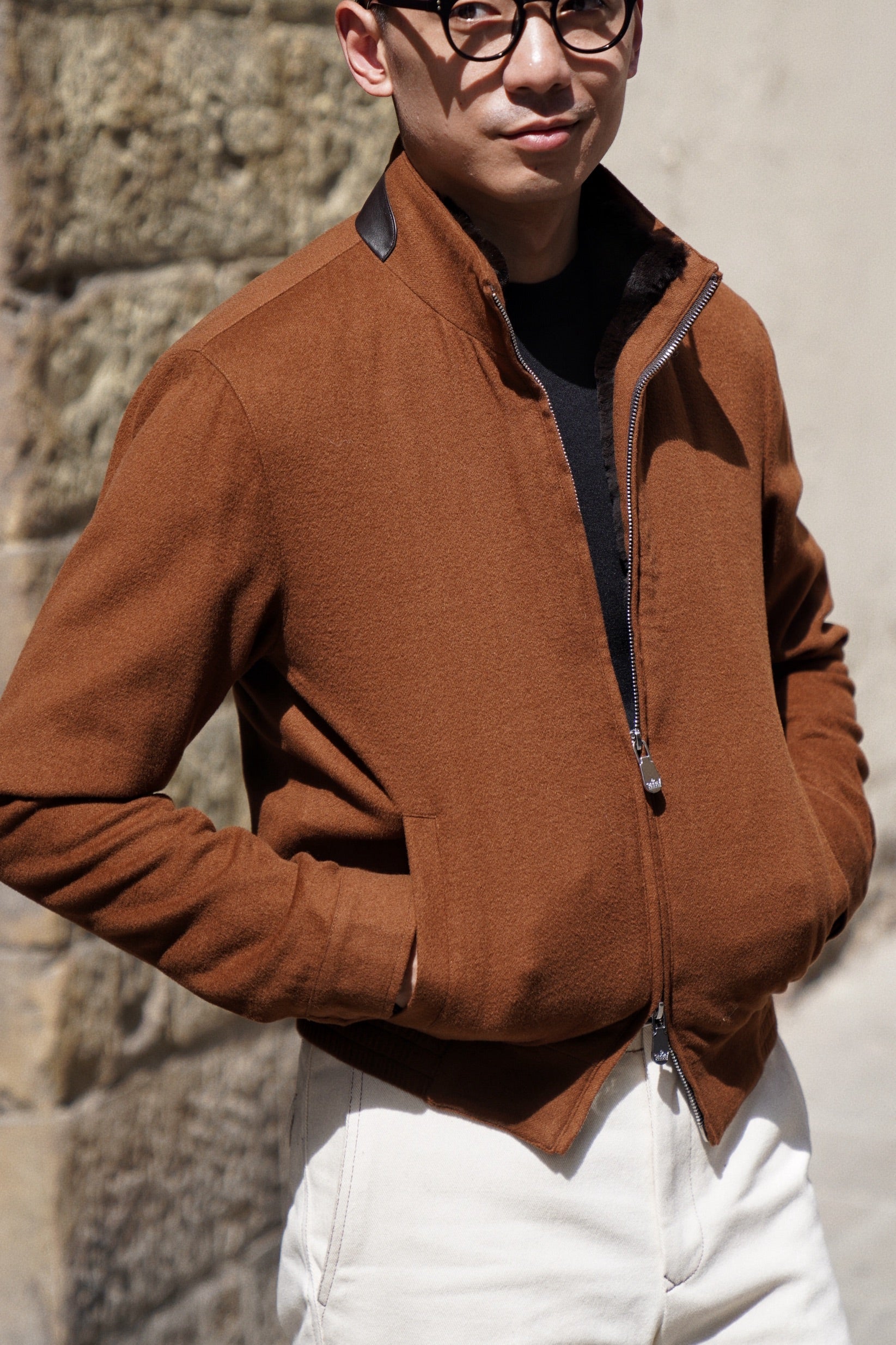 Tobacco Wool Silk Bomber Jacket #159