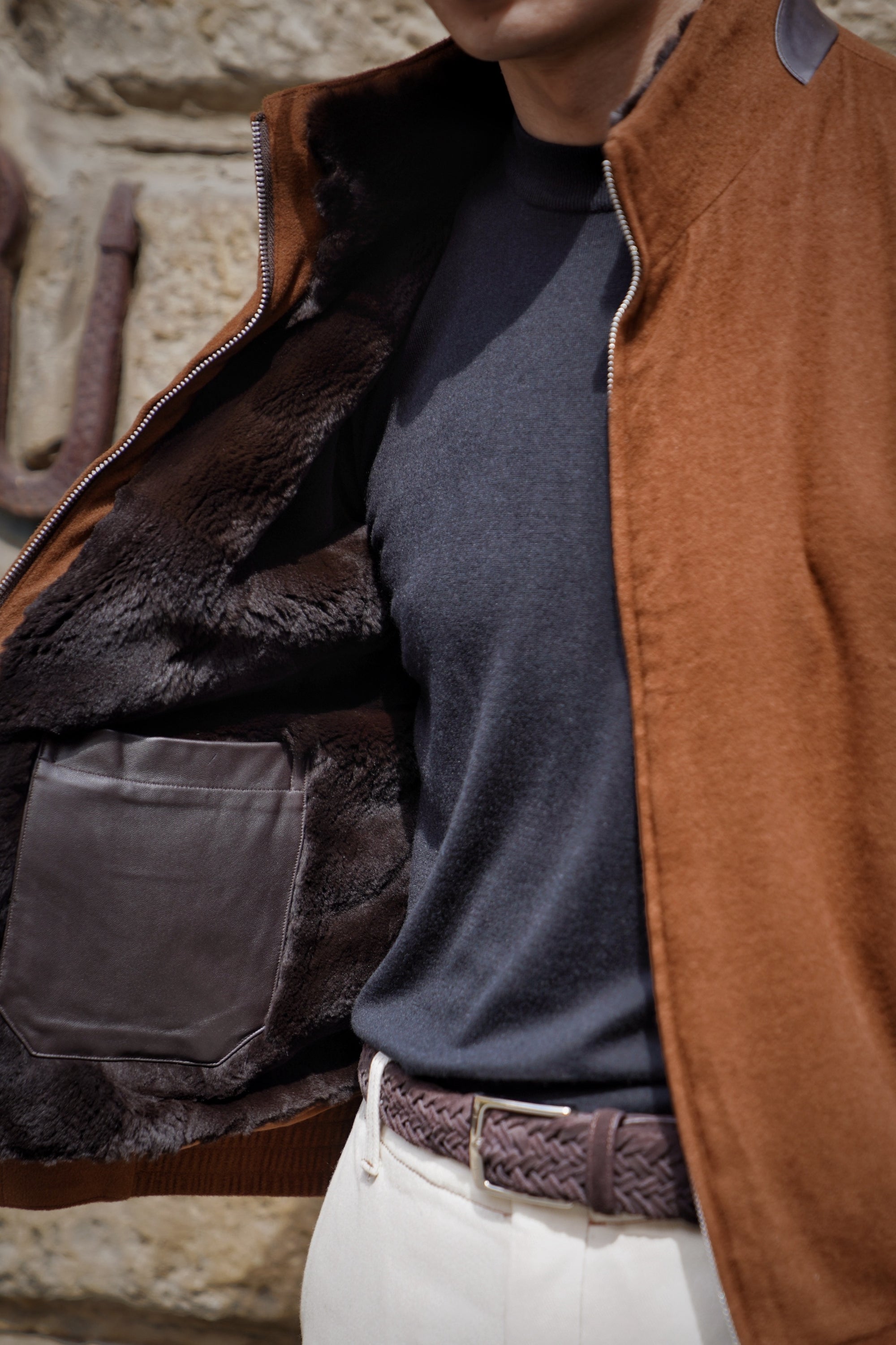 Tobacco Wool Silk Bomber Jacket #159