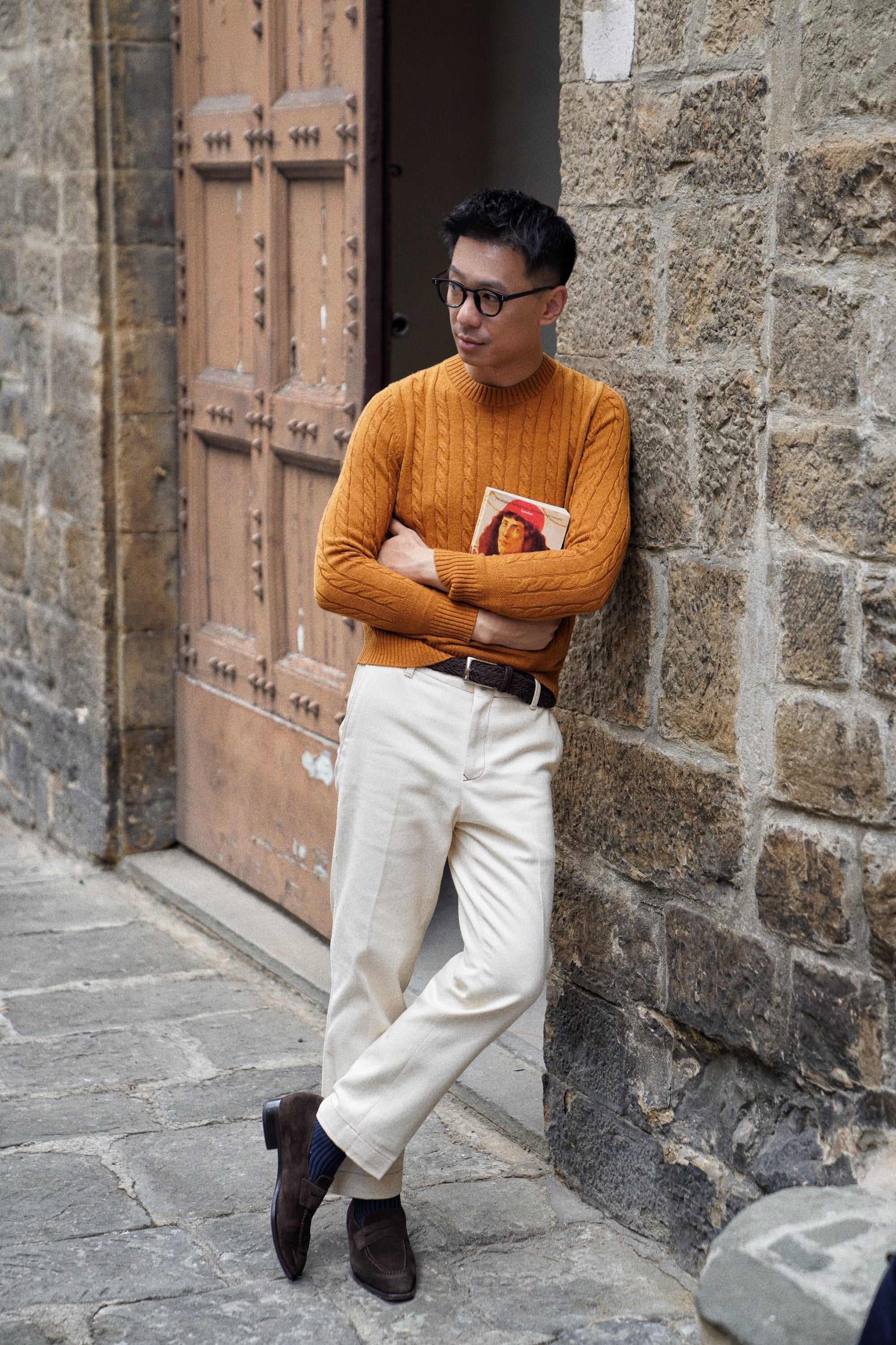 Navy / Ginger / Beige Crew Neck Cable Knit Jumper