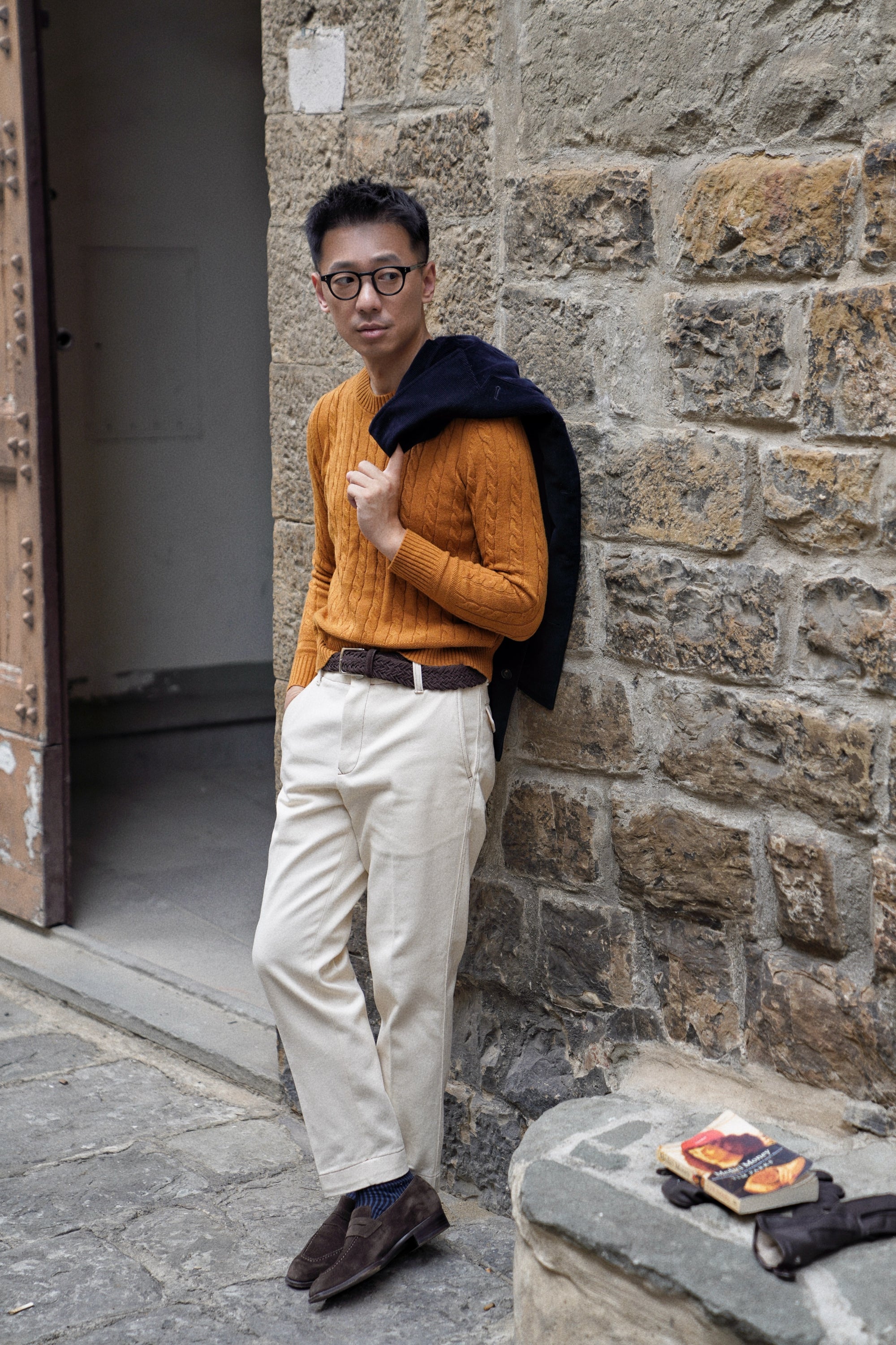 Navy / Ginger / Beige Crew Neck Cable Knit Jumper