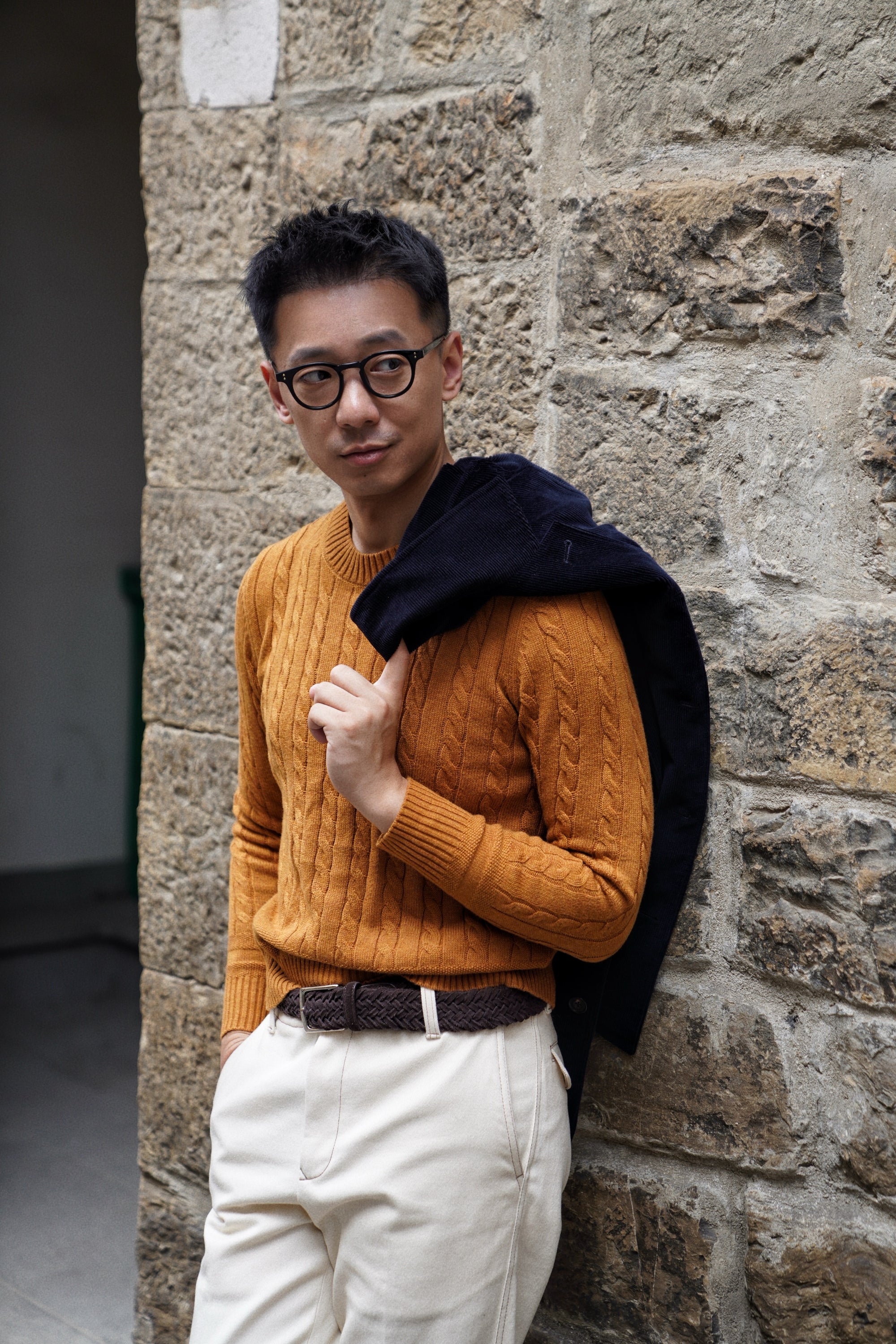Navy / Ginger / Beige Crew Neck Cable Knit Jumper