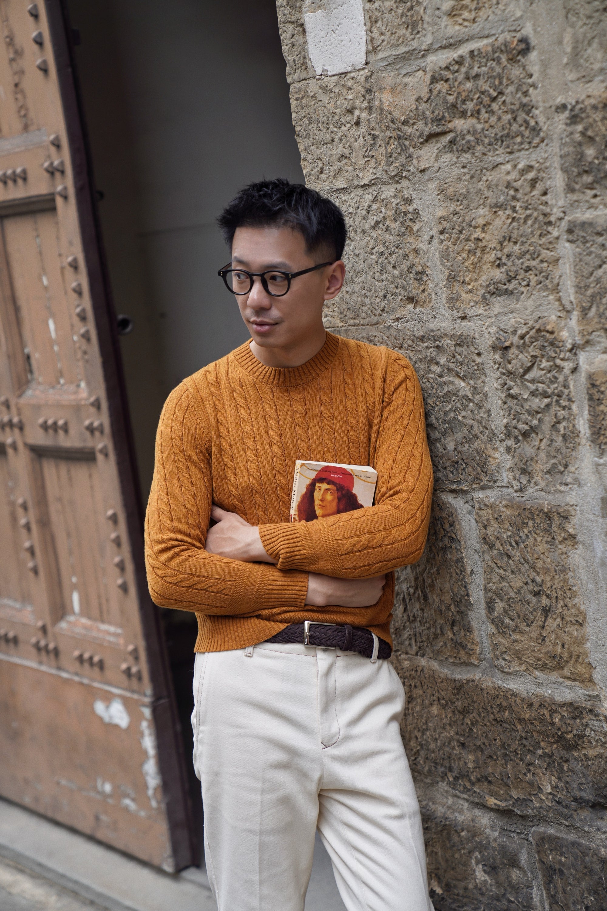 Navy / Ginger / Beige Crew Neck Cable Knit Jumper
