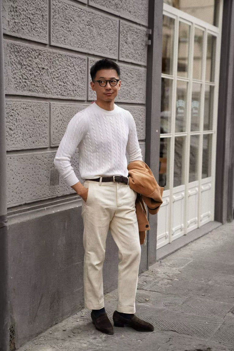 Navy / Ginger / Beige Crew Neck Cable Knit Jumper