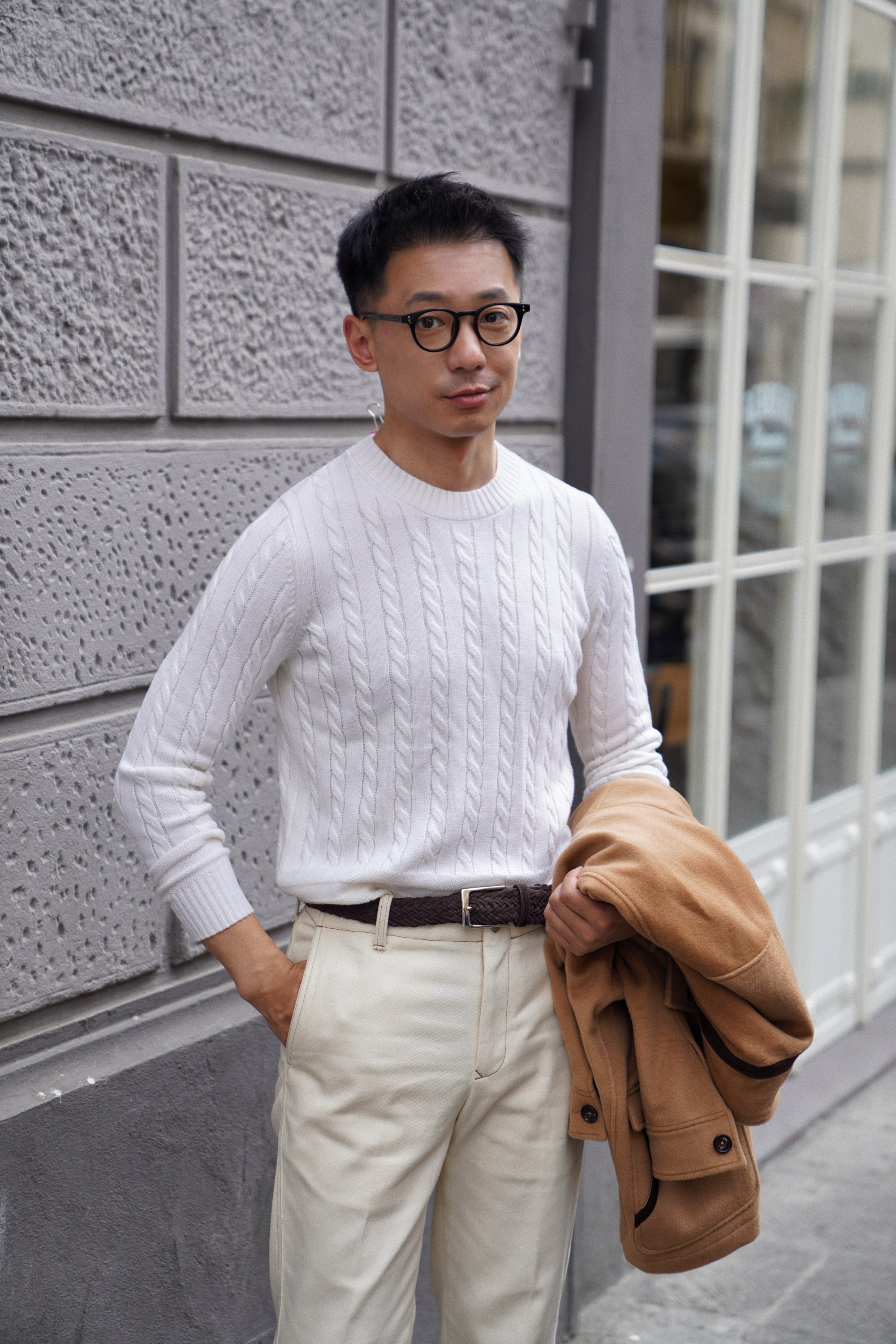 Navy / Ginger / Beige Crew Neck Cable Knit Jumper