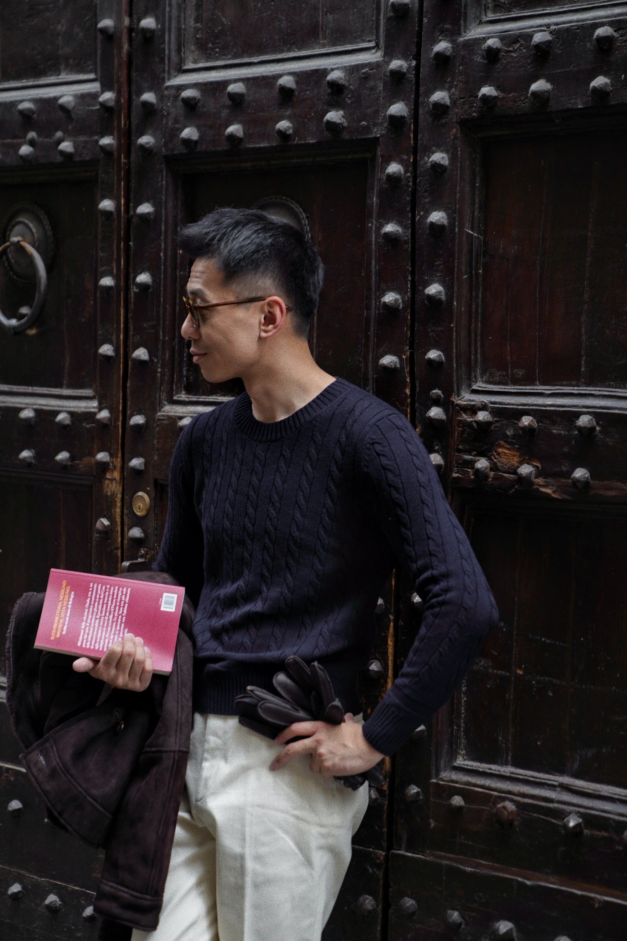 Navy / Ginger / Beige Crew Neck Cable Knit Jumper