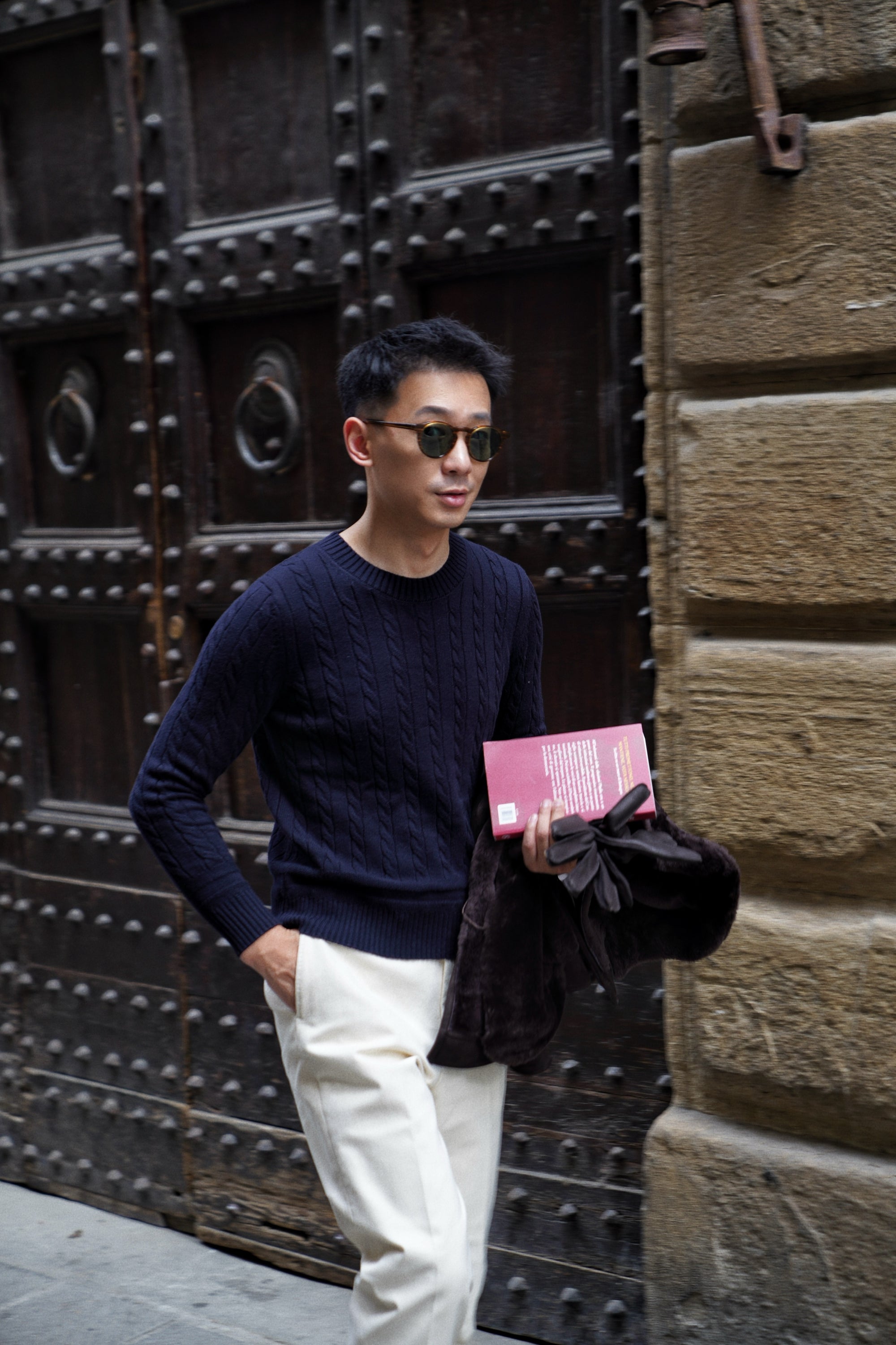Navy / Ginger / Beige Crew Neck Cable Knit Jumper