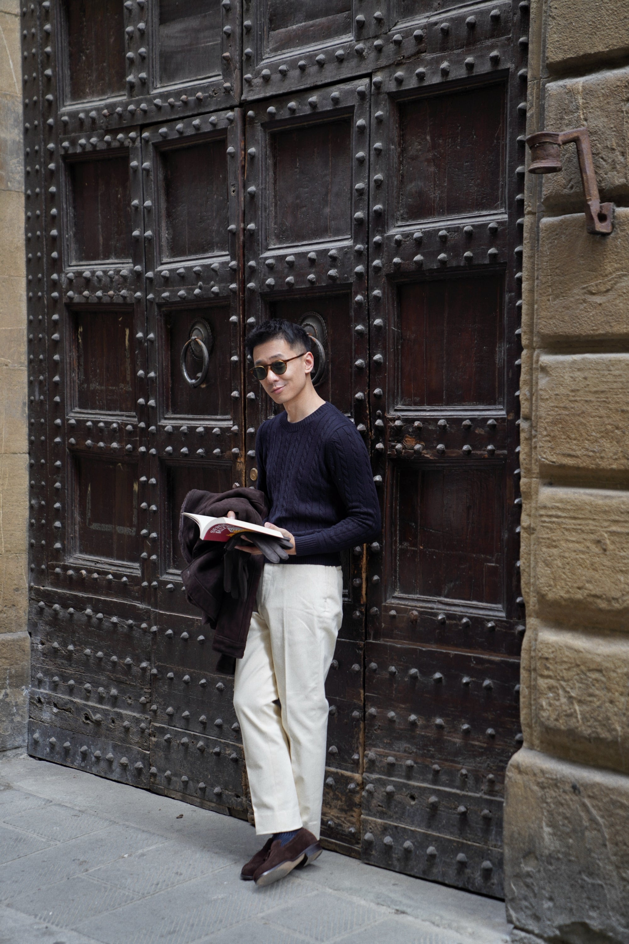 Navy / Ginger / Beige Crew Neck Cable Knit Jumper