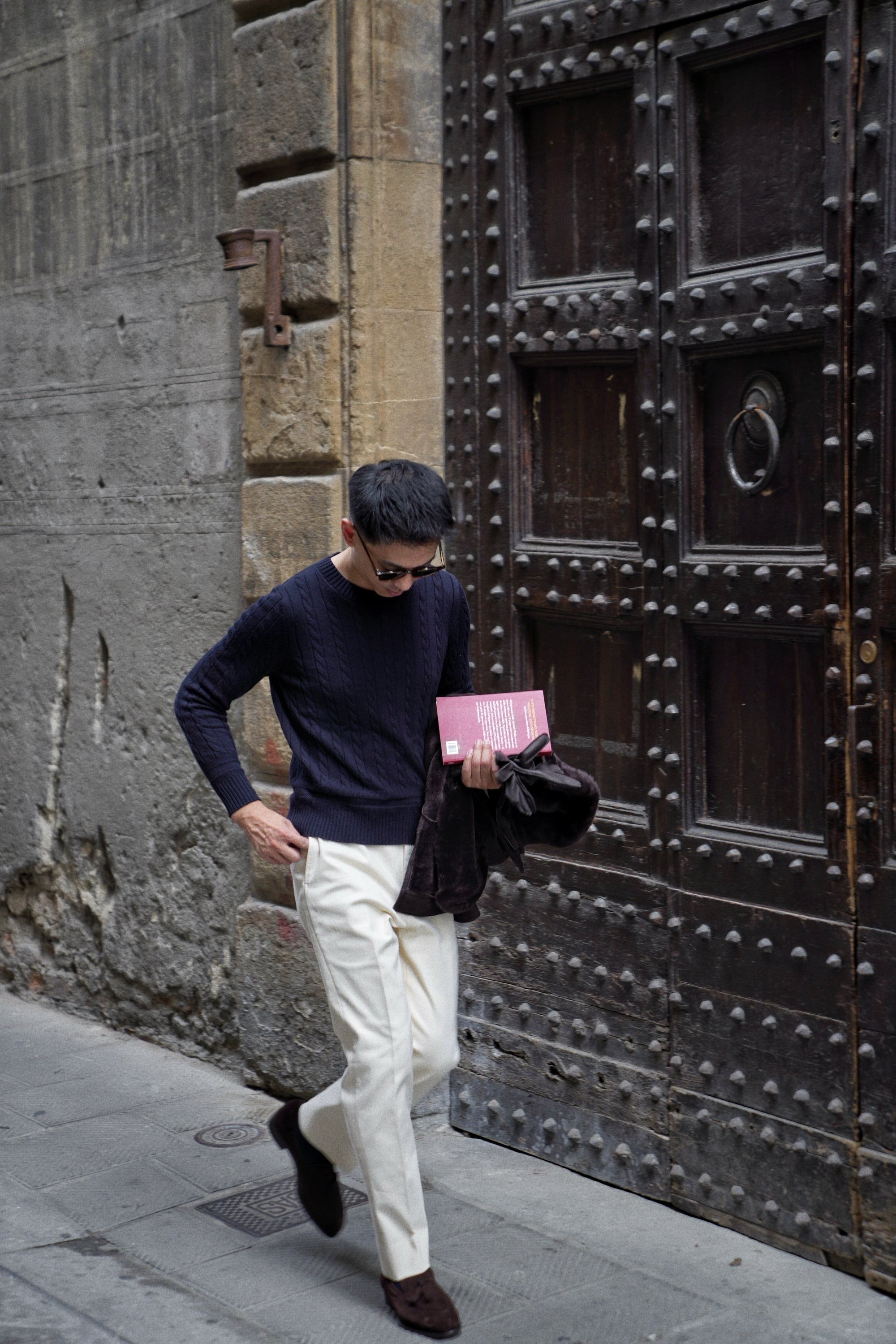 Navy / Ginger / Beige Crew Neck Cable Knit Jumper