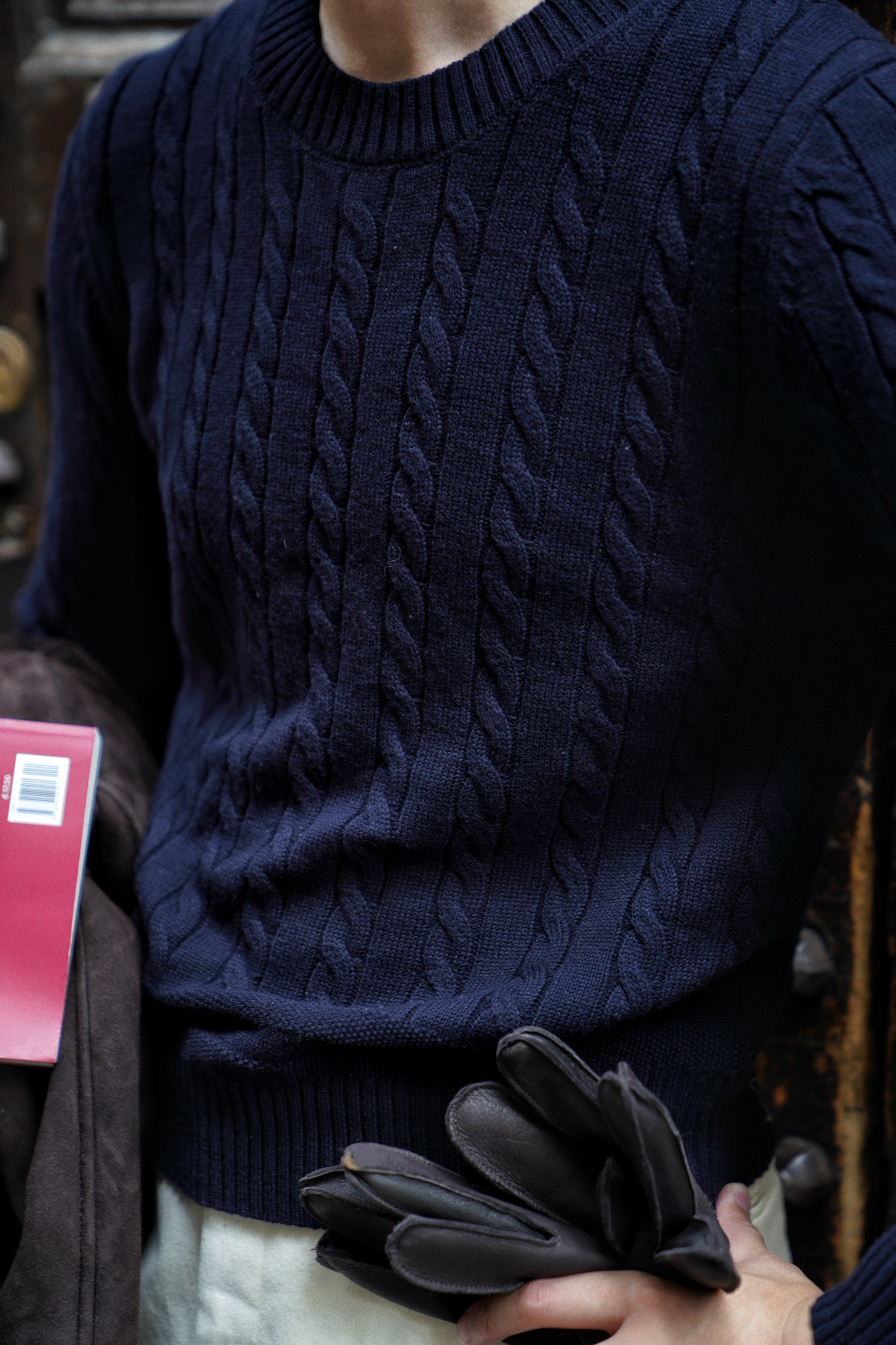 Navy / Ginger / Beige Crew Neck Cable Knit Jumper