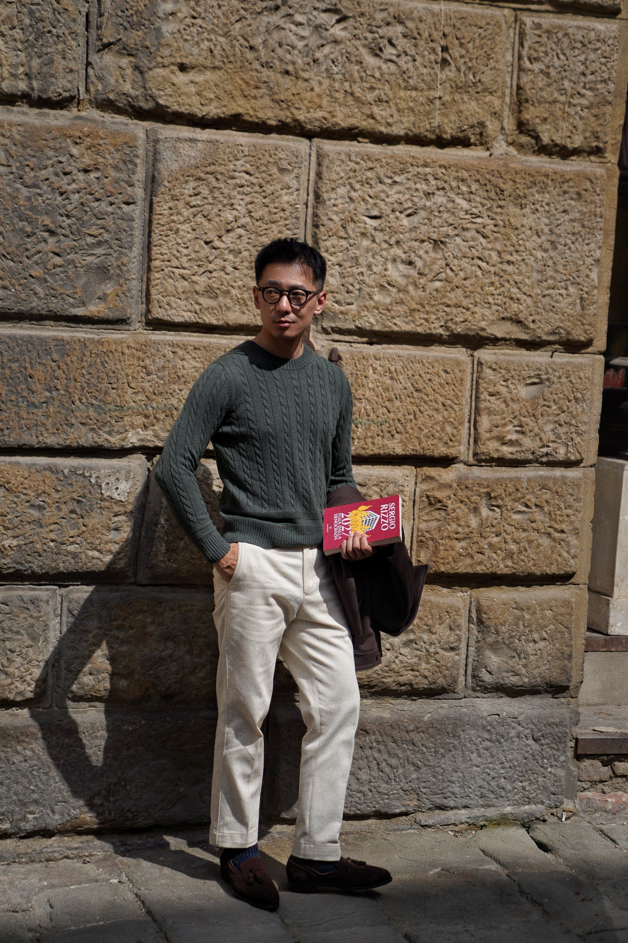 Forest / Taupe Crew Neck Cable Knit Jumper