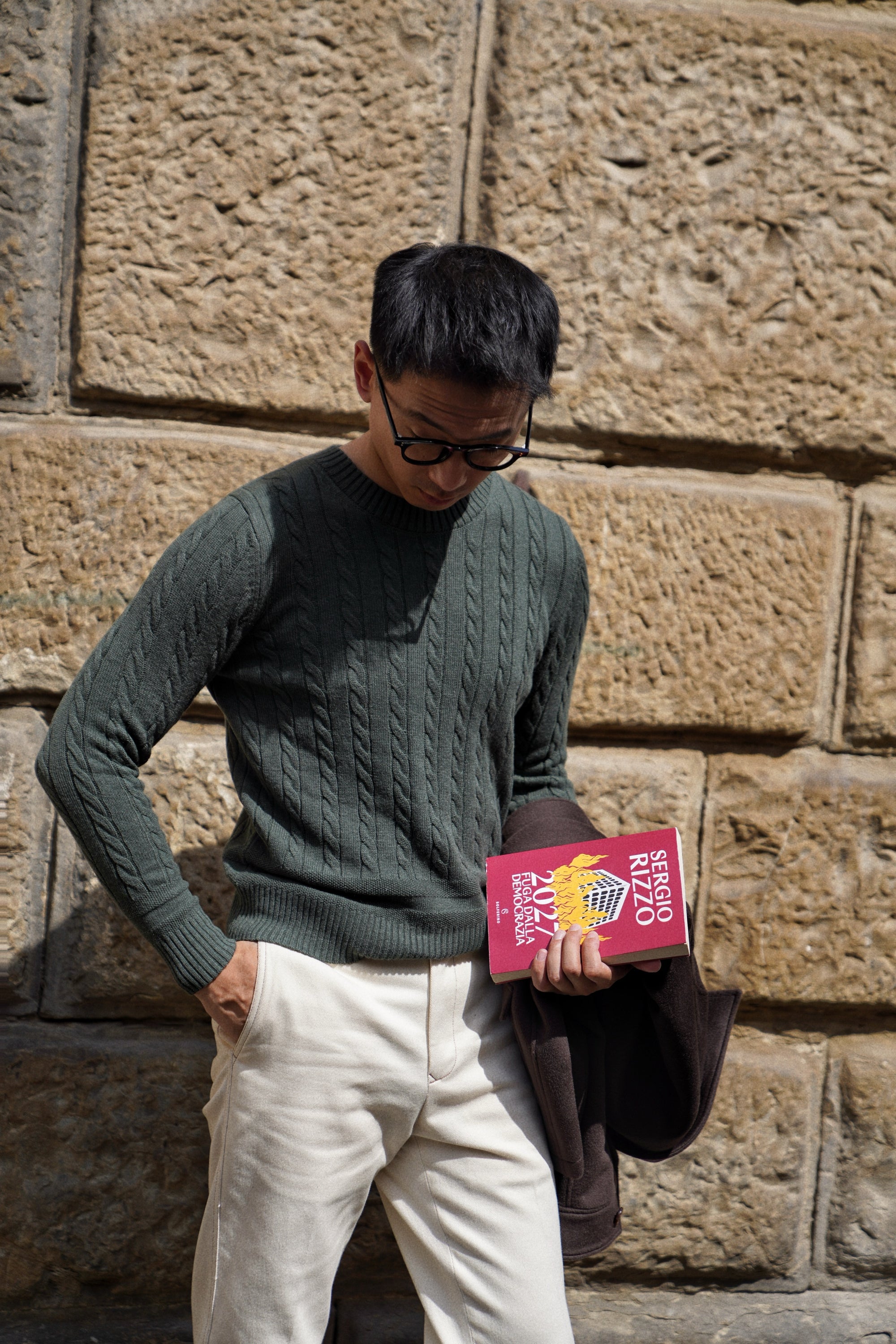 Forest / Taupe Crew Neck Cable Knit Jumper