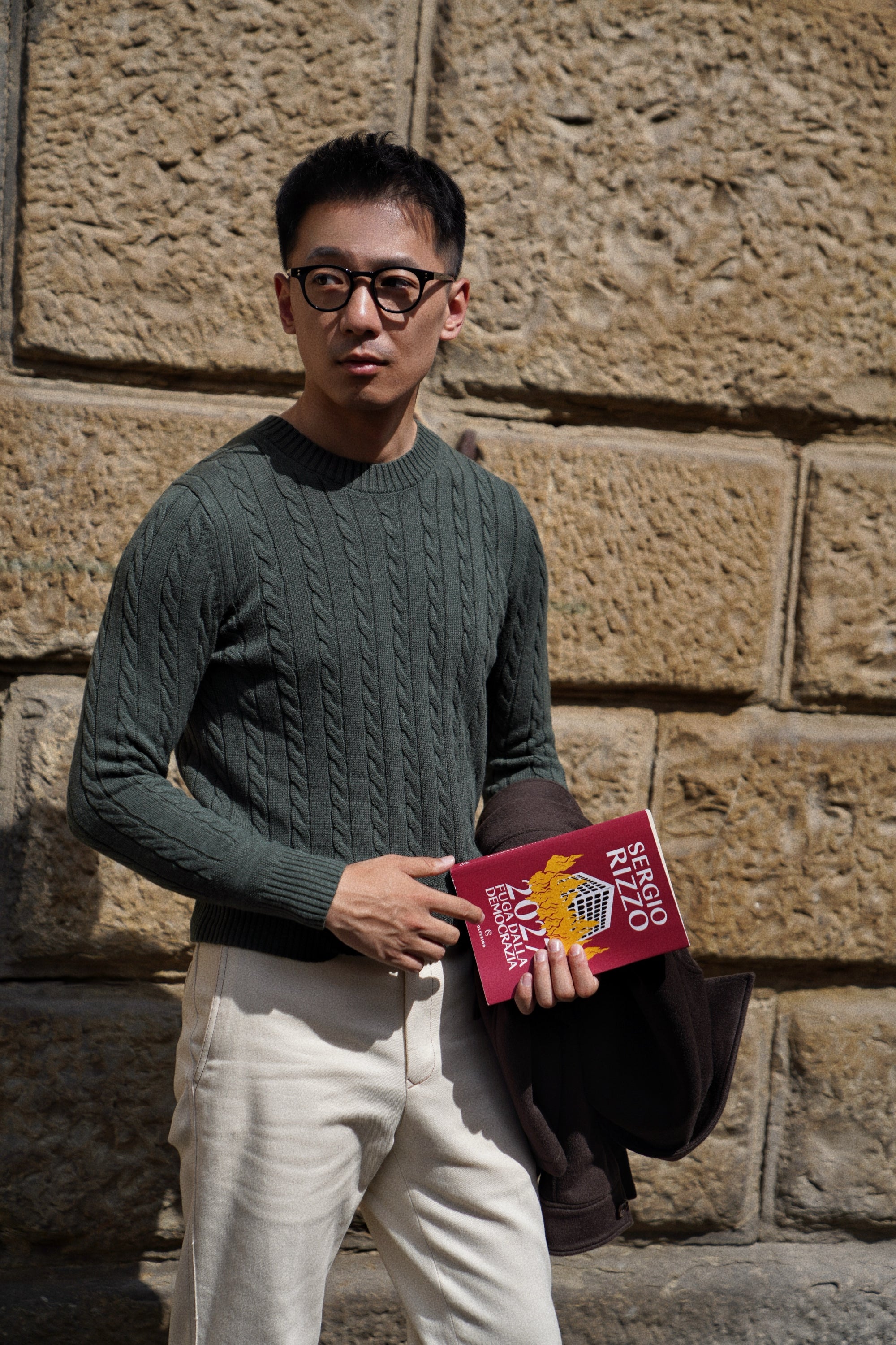 Forest / Taupe Crew Neck Cable Knit Jumper