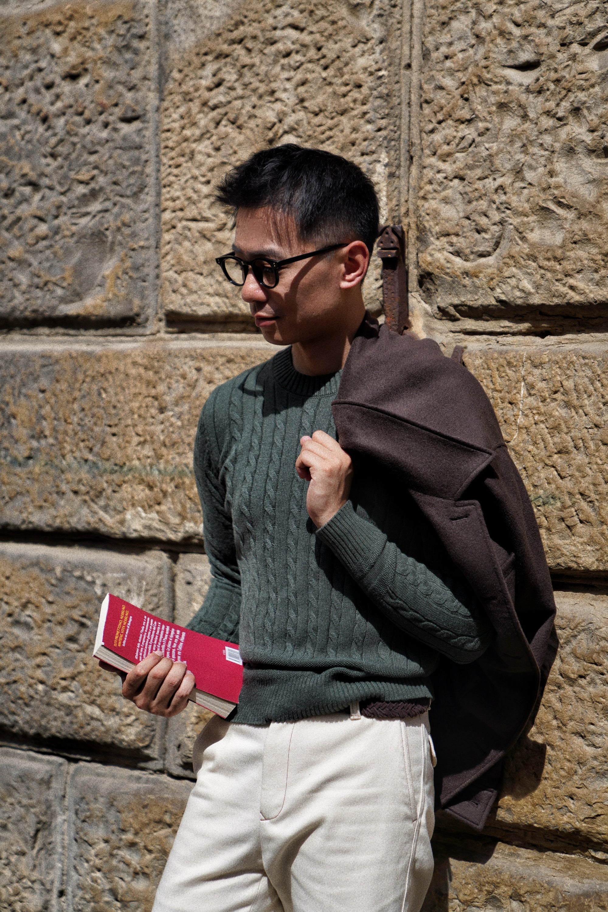 Forest / Taupe Crew Neck Cable Knit Jumper