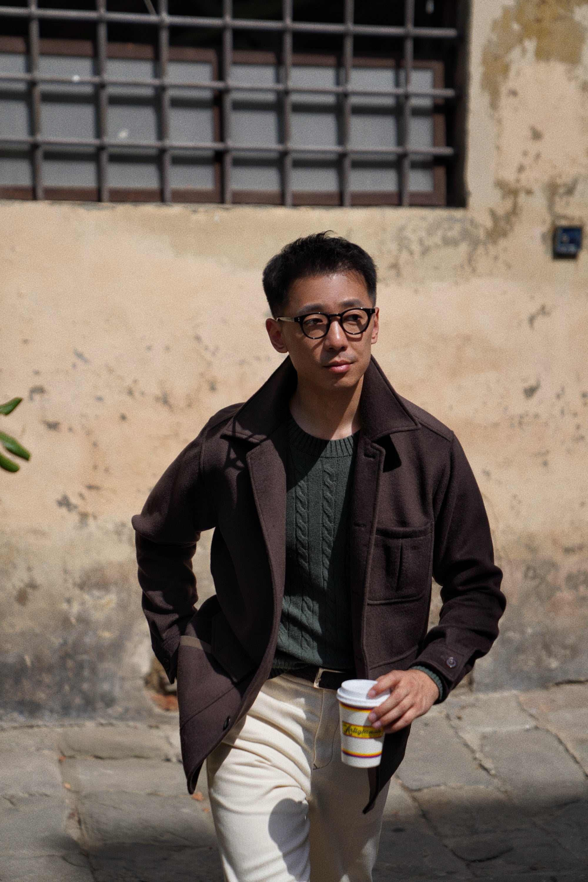 Forest / Taupe Crew Neck Cable Knit Jumper