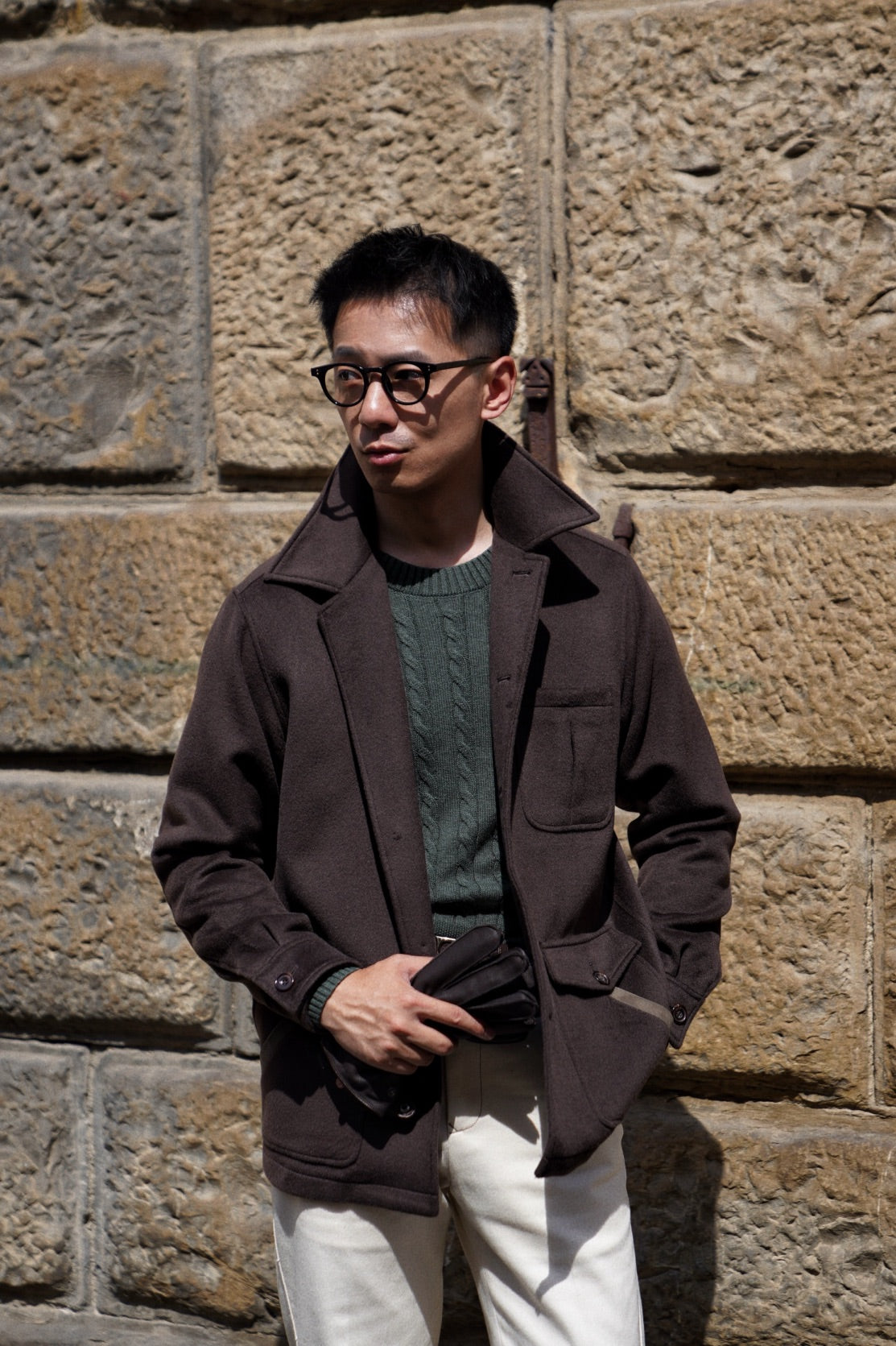 Forest / Taupe Crew Neck Cable Knit Jumper