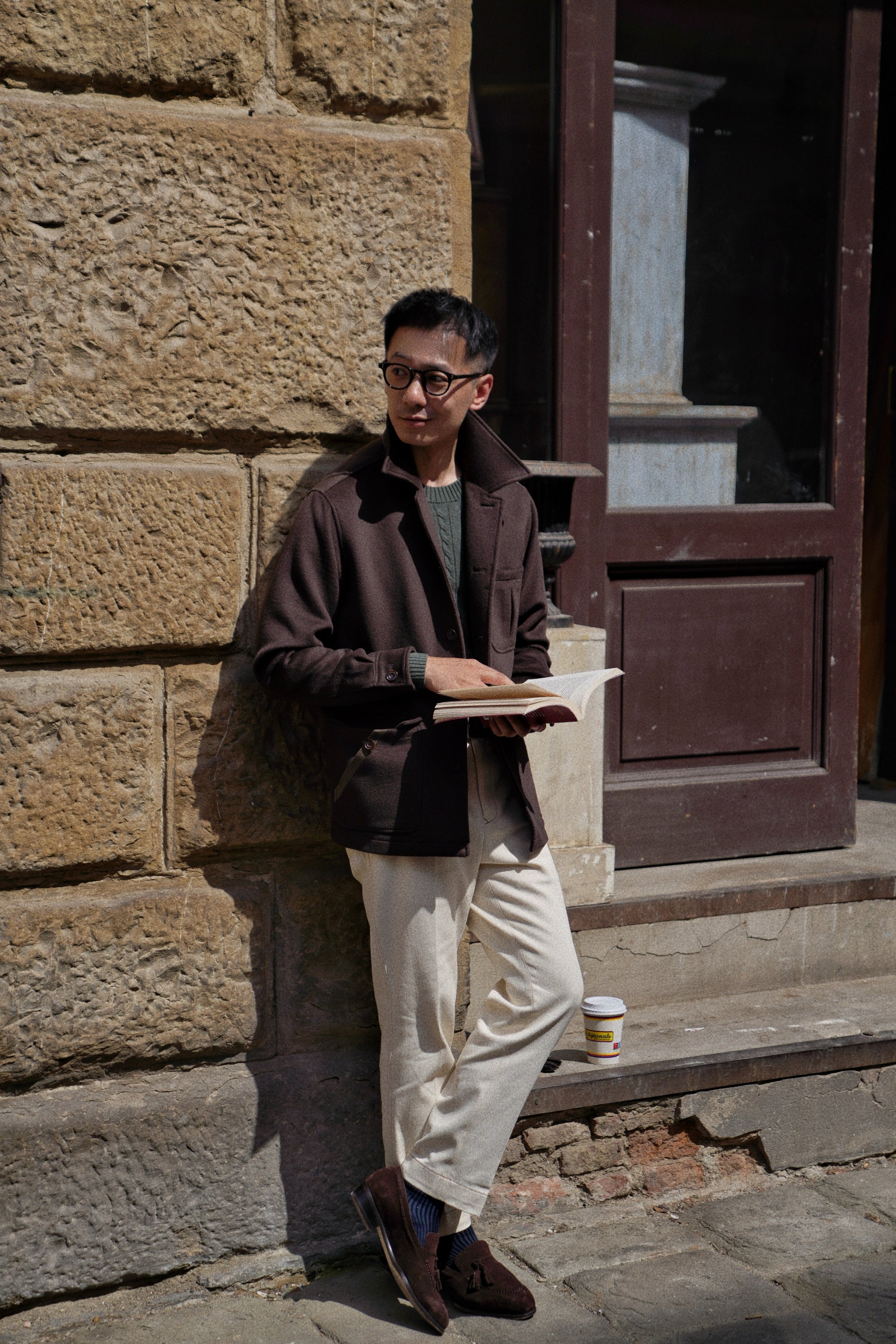 Forest / Taupe Crew Neck Cable Knit Jumper