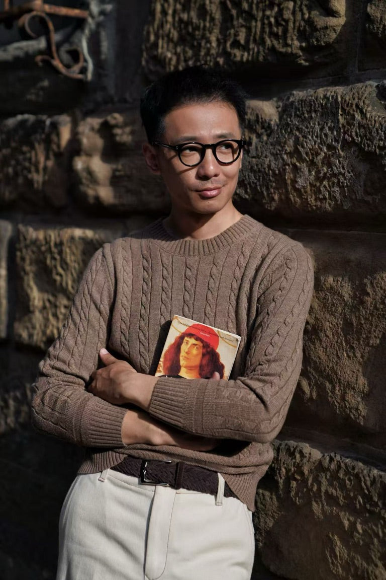 Forest / Taupe Crew Neck Cable Knit Jumper