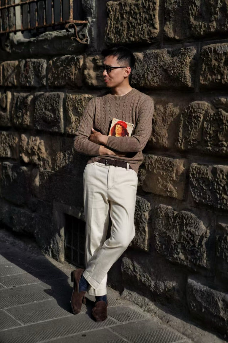 Forest / Taupe Crew Neck Cable Knit Jumper