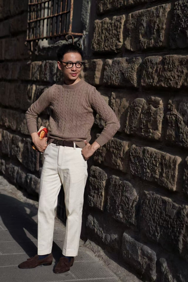Forest / Taupe Crew Neck Cable Knit Jumper
