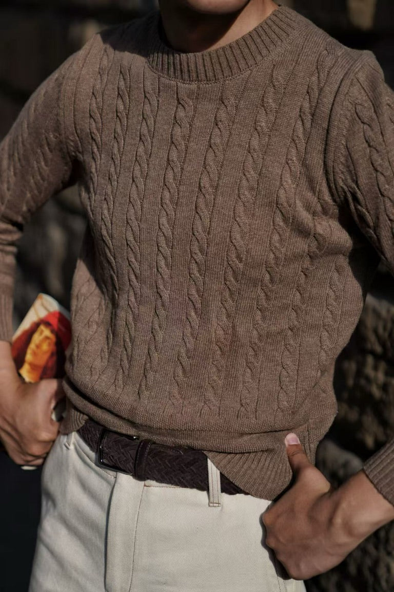 Forest / Taupe Crew Neck Cable Knit Jumper