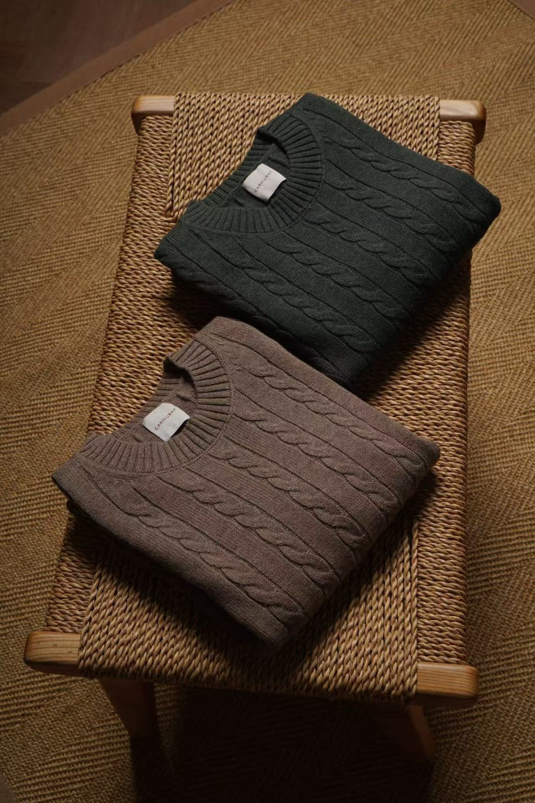 Forest / Taupe Crew Neck Cable Knit Jumper
