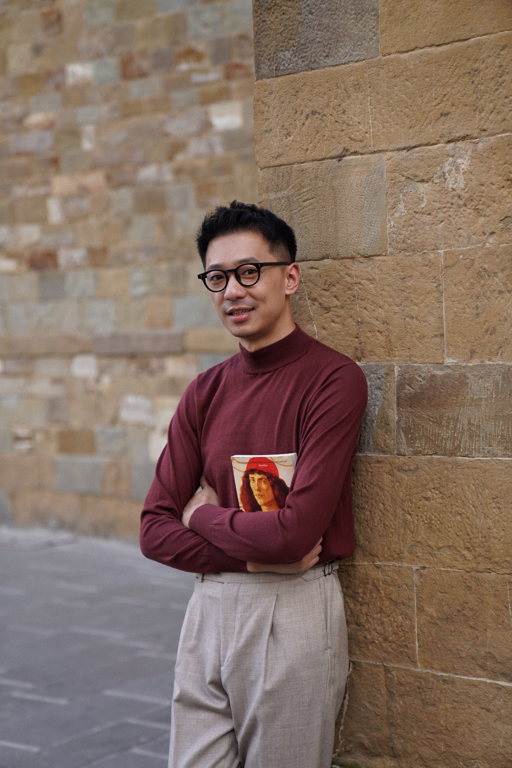 Grey / Burgundy Knitted Mock Neck