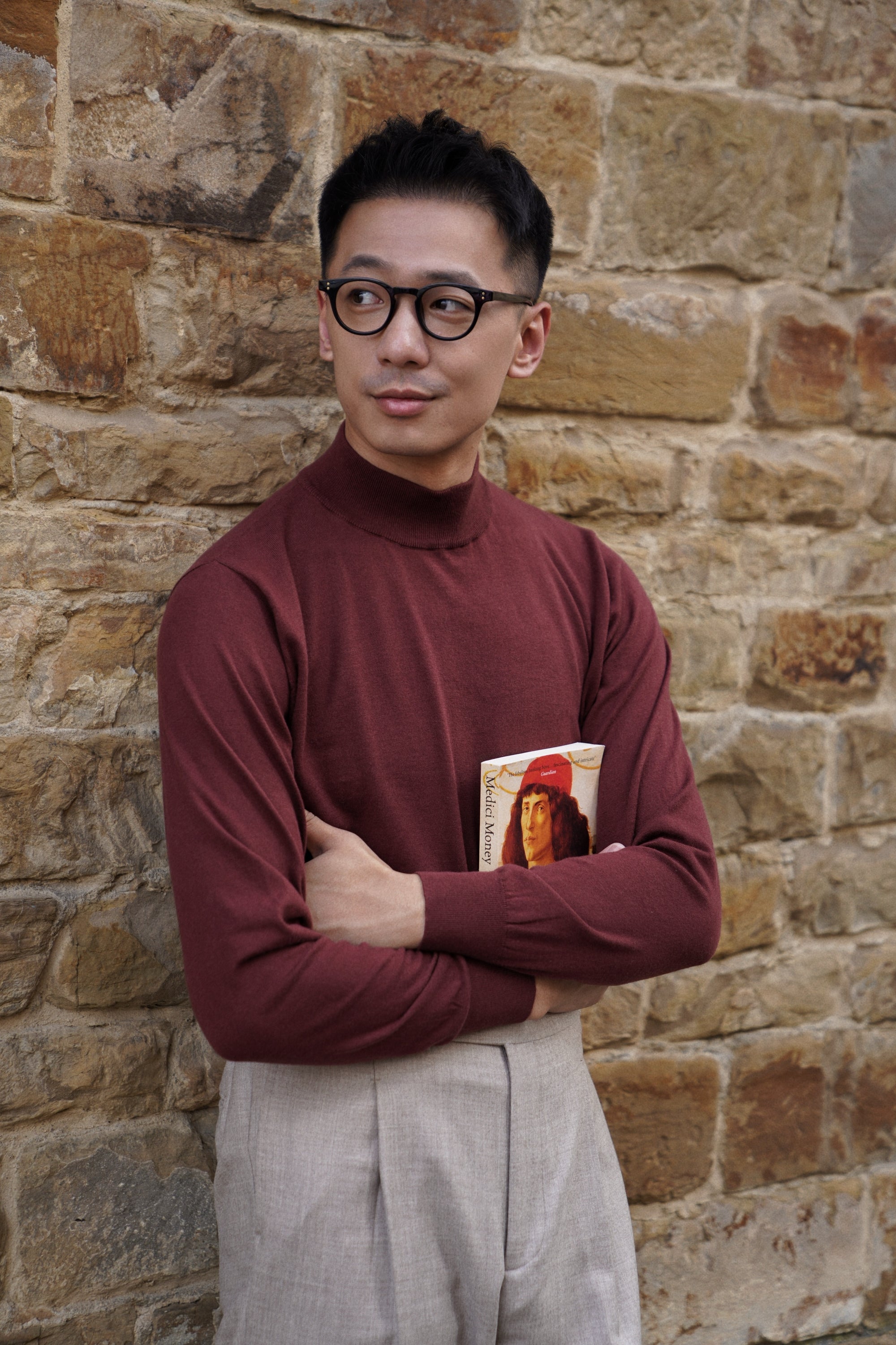 Grey / Burgundy Knitted Mock Neck