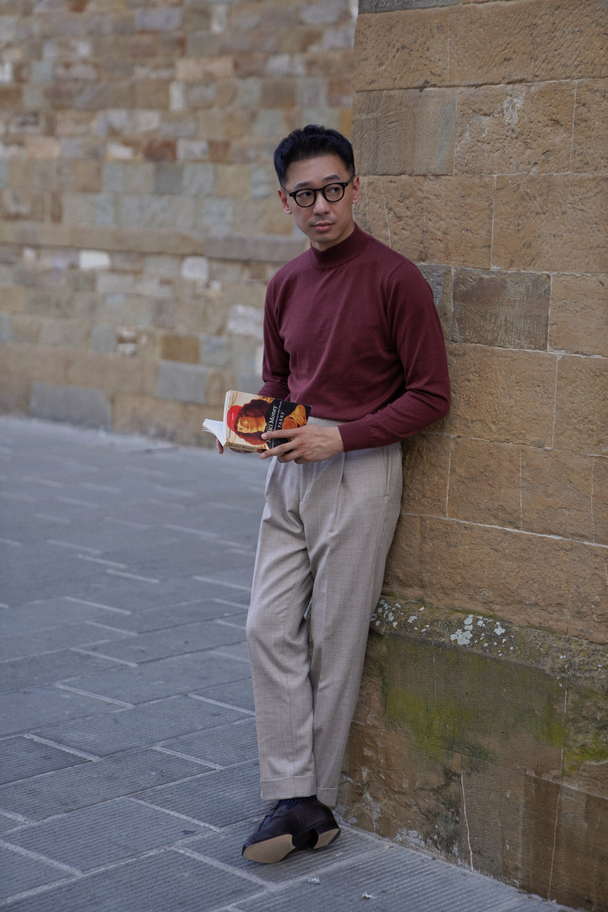 Grey / Burgundy Knitted Mock Neck
