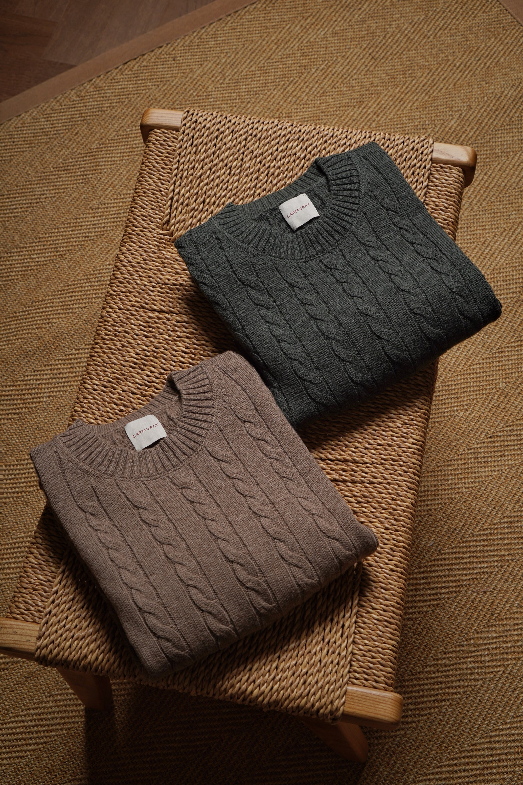 Forest / Taupe Crew Neck Cable Knit Jumper