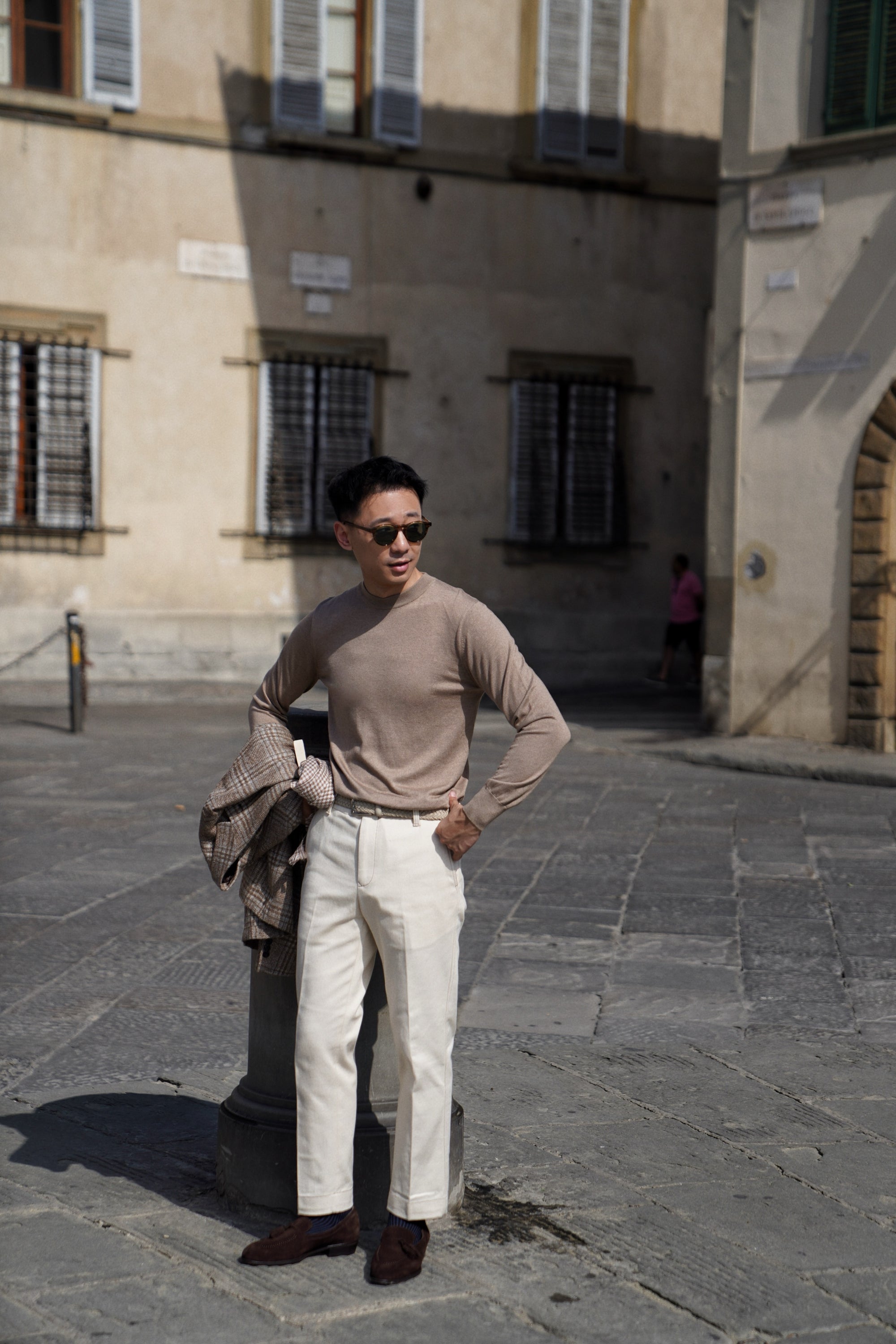 Grey / Camel Silk Cashmere Crew Neck