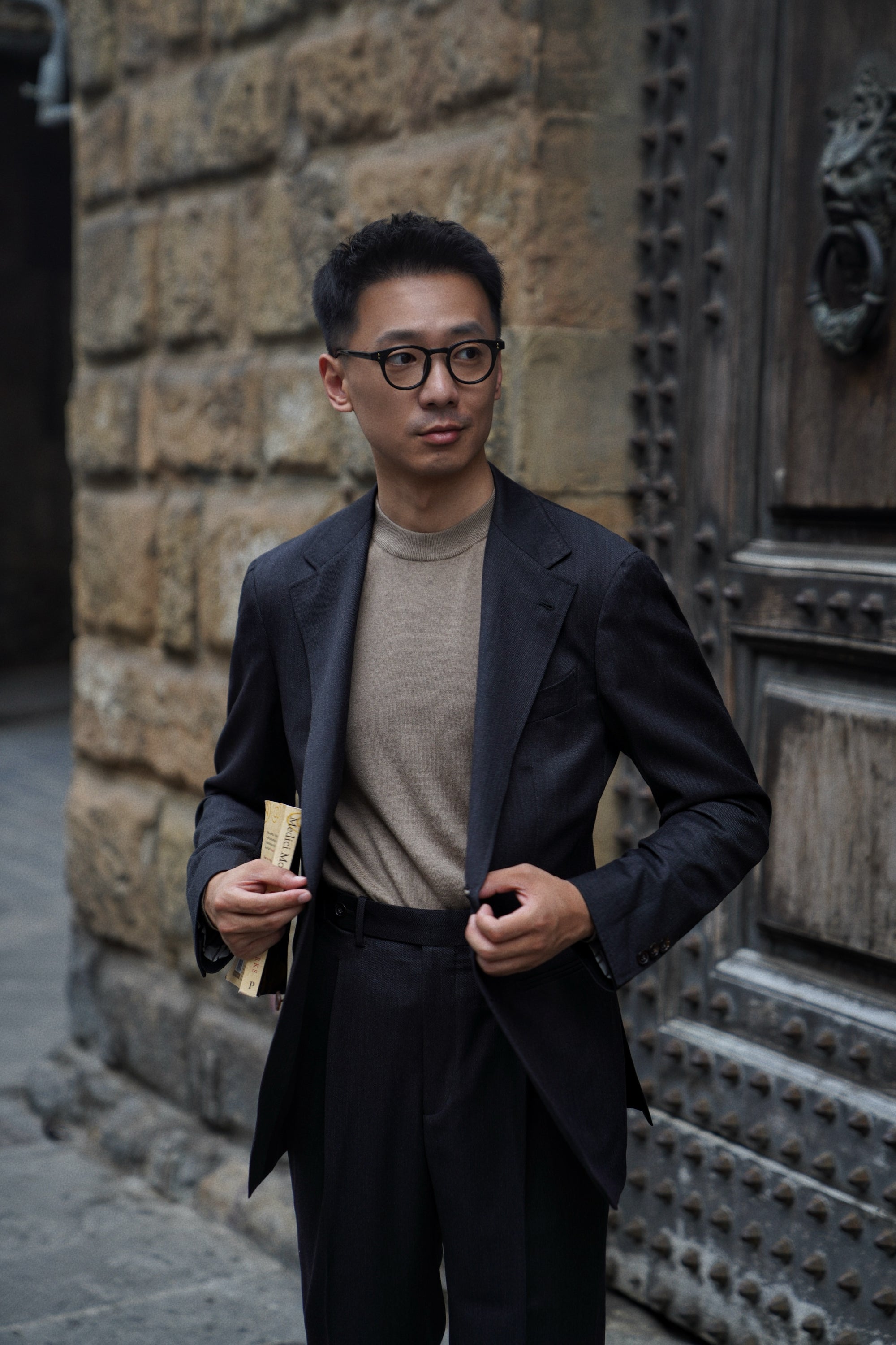 Grey / Camel Silk Cashmere Crew Neck