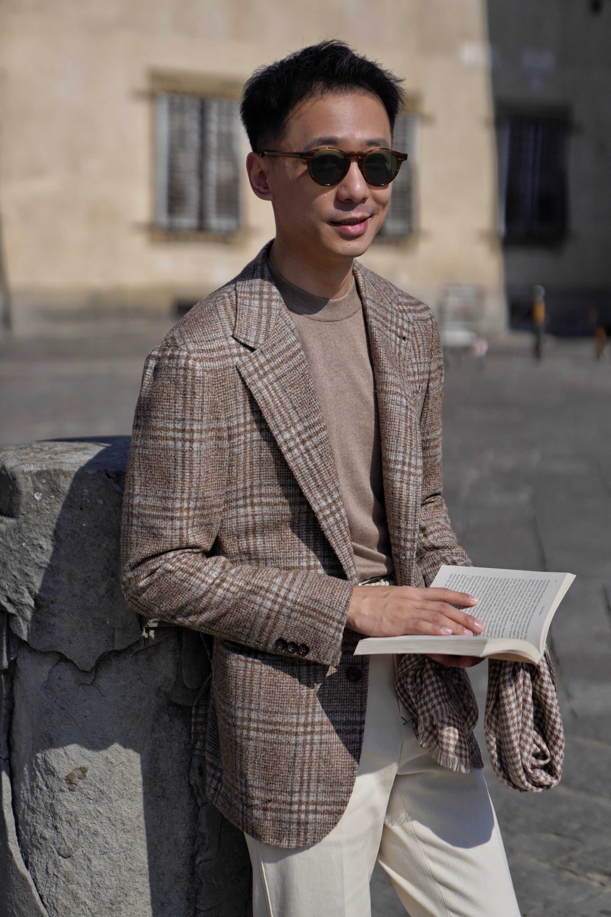 Grey / Camel Silk Cashmere Crew Neck