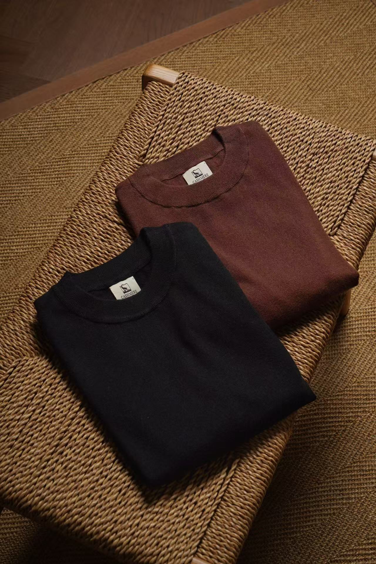 Black / Burgundy Silk Cashmere  Crew Neck