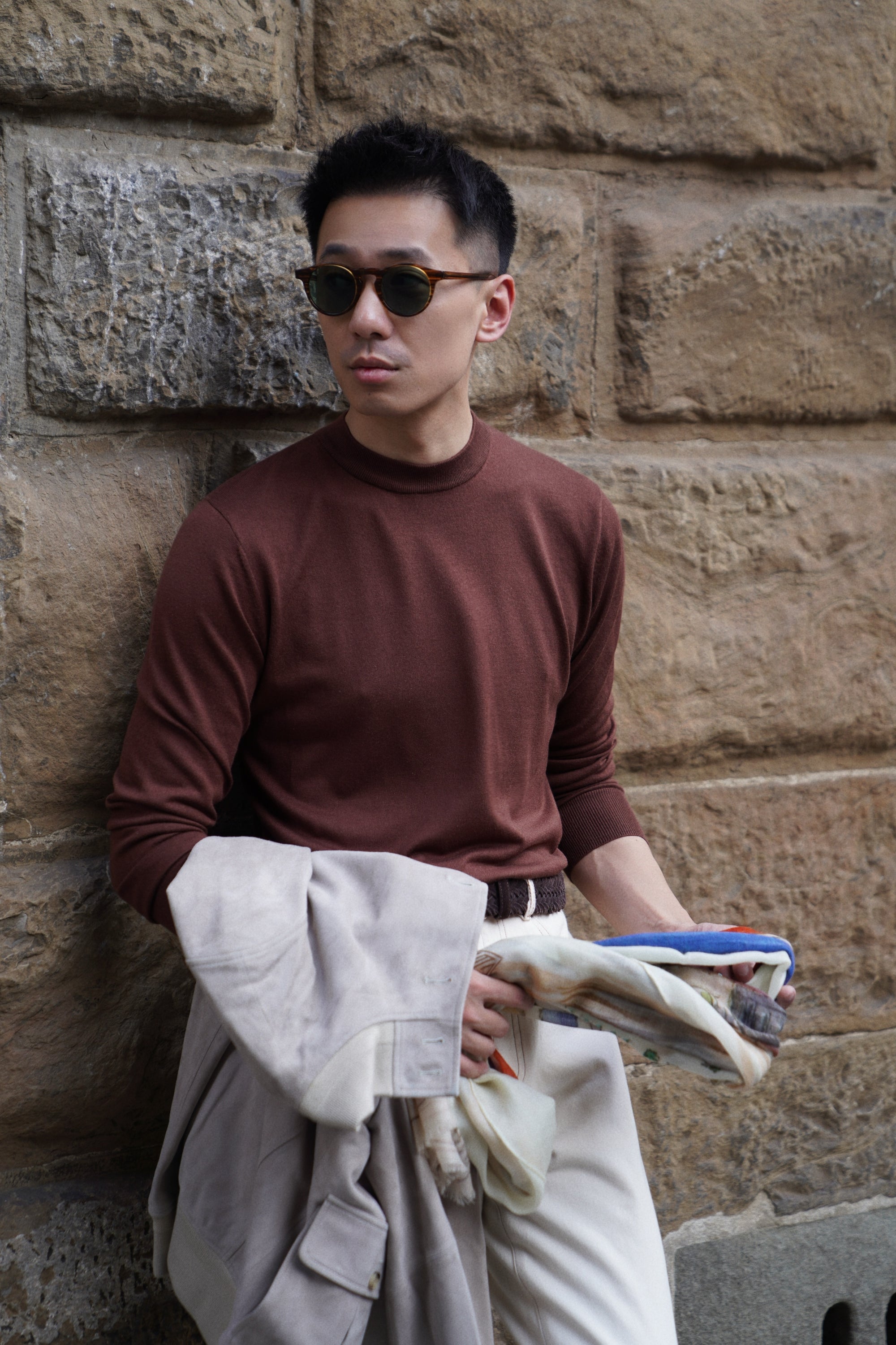 Black / Burgundy Silk Cashmere  Crew Neck
