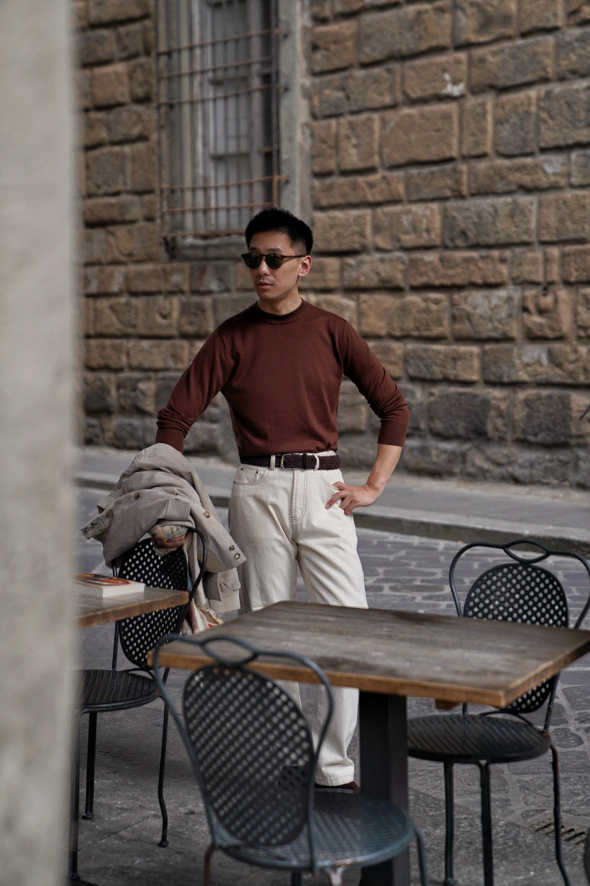 Black / Burgundy Silk Cashmere  Crew Neck