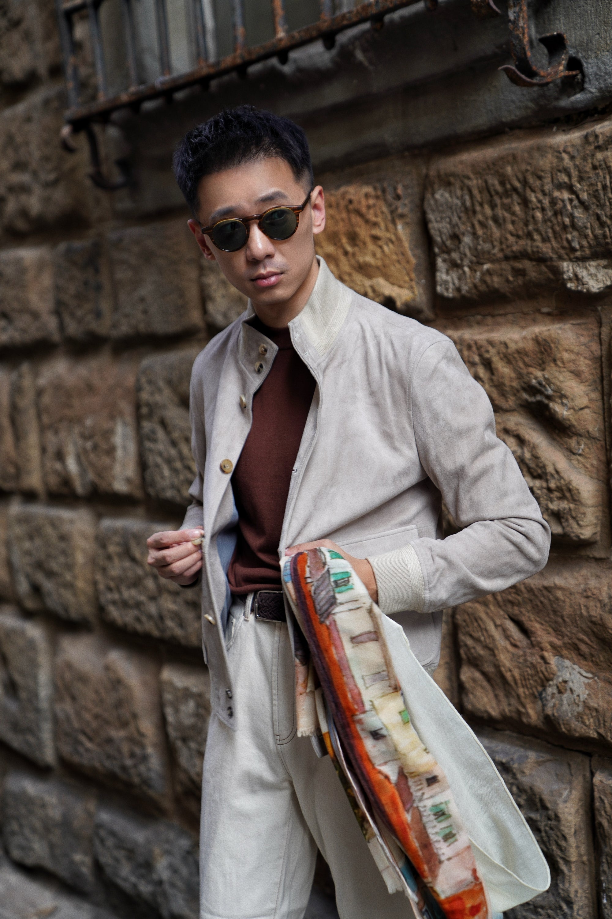 Black / Burgundy Silk Cashmere  Crew Neck