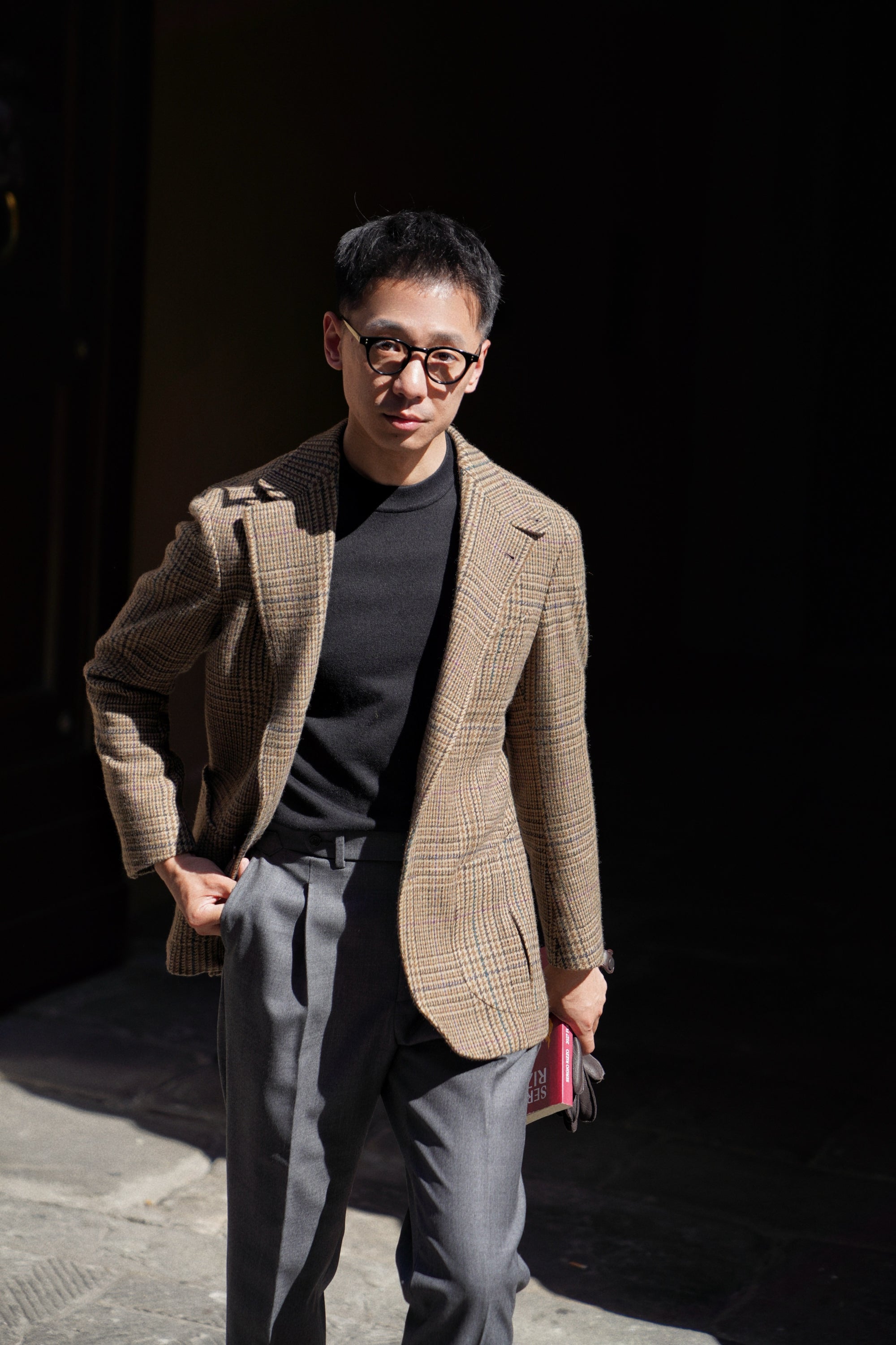 Black / Burgundy Silk Cashmere  Crew Neck