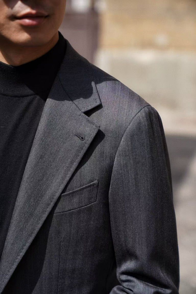 MTO Charcoal Herringbone Worsted Wool Suit #480