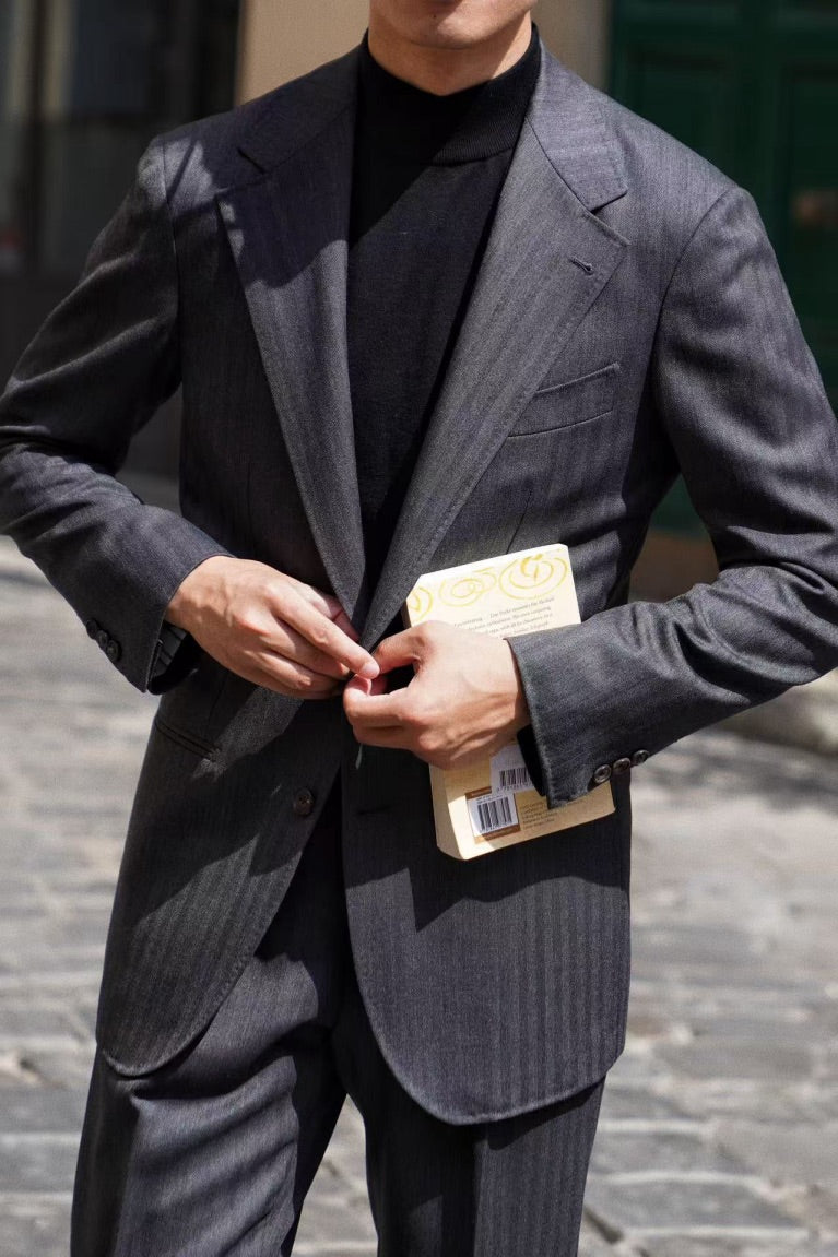 MTO Charcoal Herringbone Worsted Wool Suit #480