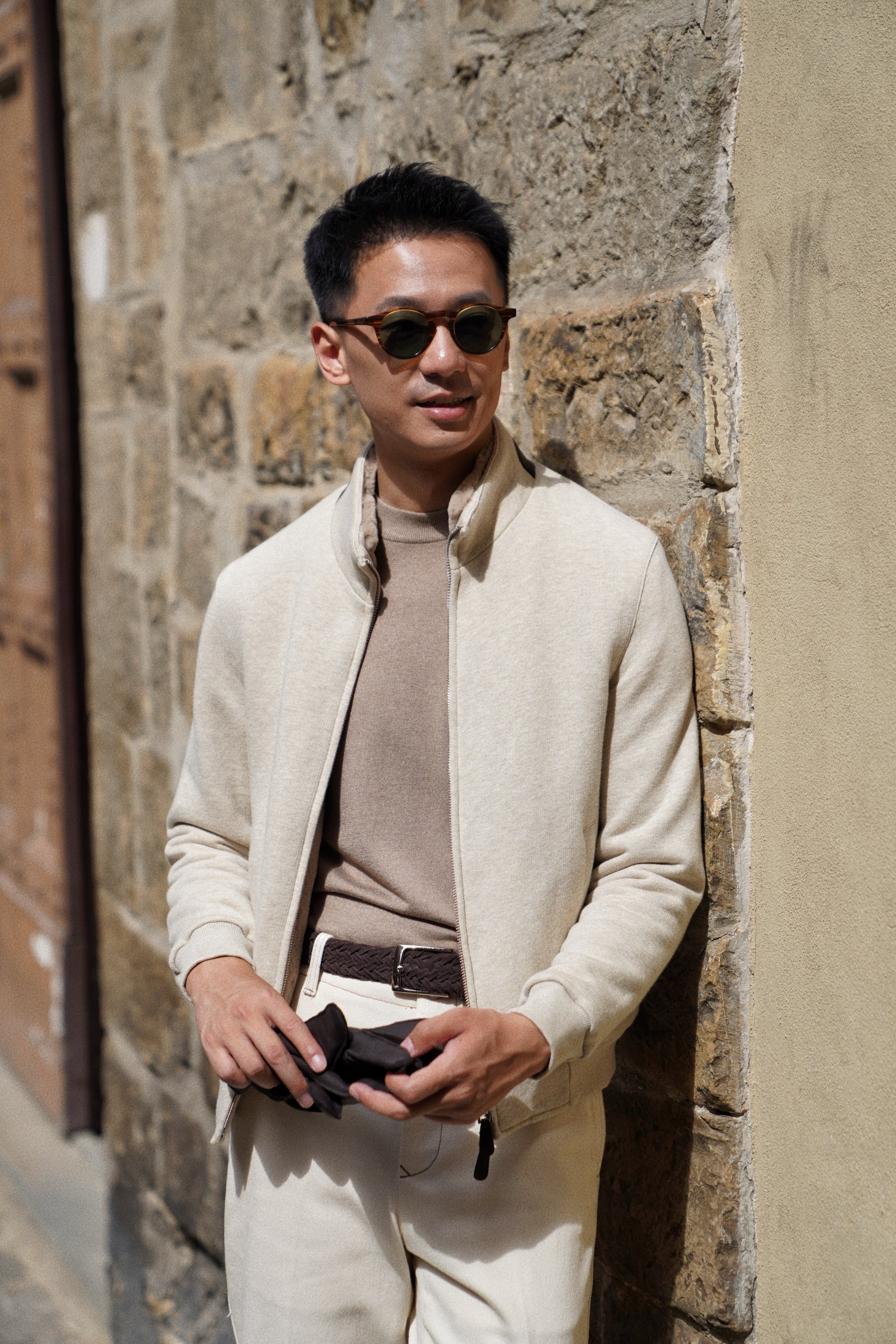 Beige Cotton Rex Fur Bomber Jacket #138