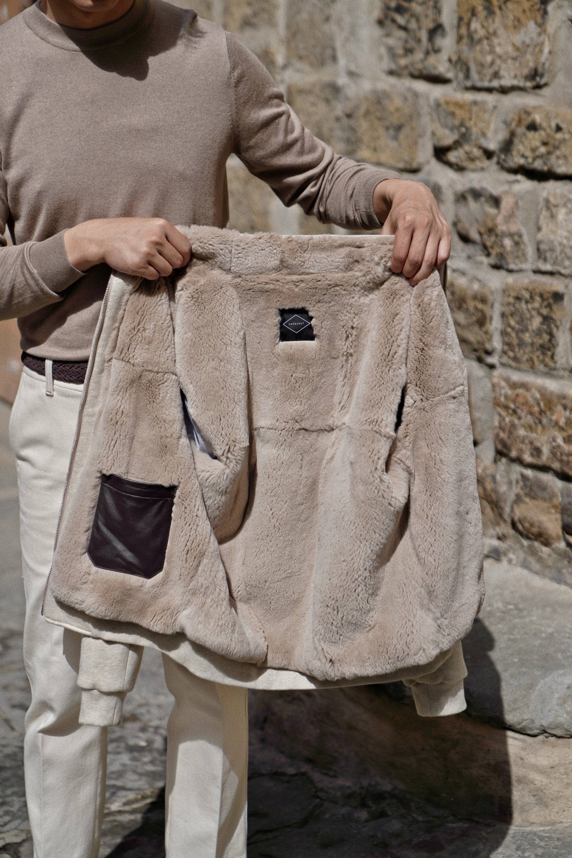 Beige Cotton Rex Fur Bomber Jacket #138
