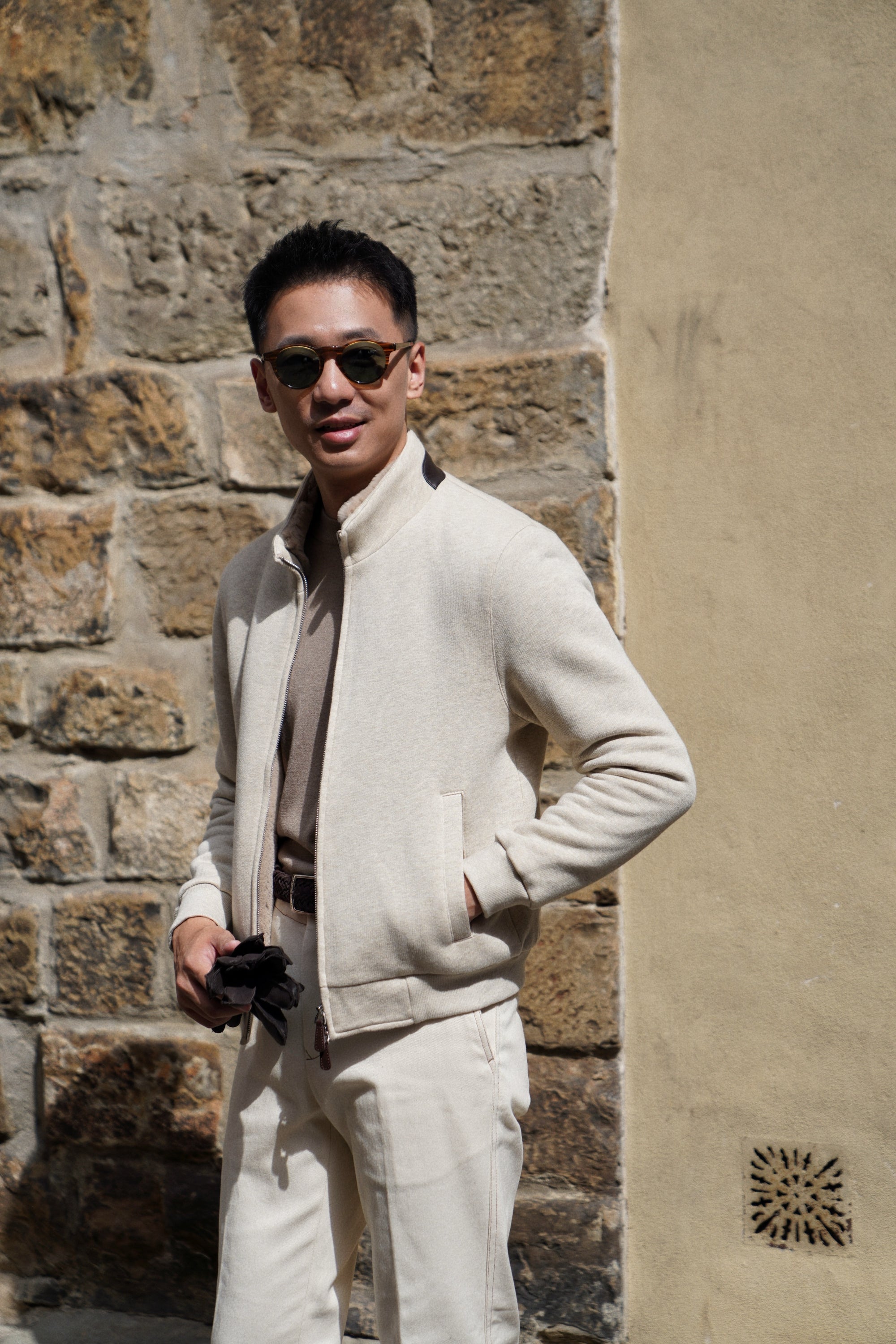 Beige Cotton Rex Fur Bomber Jacket #138