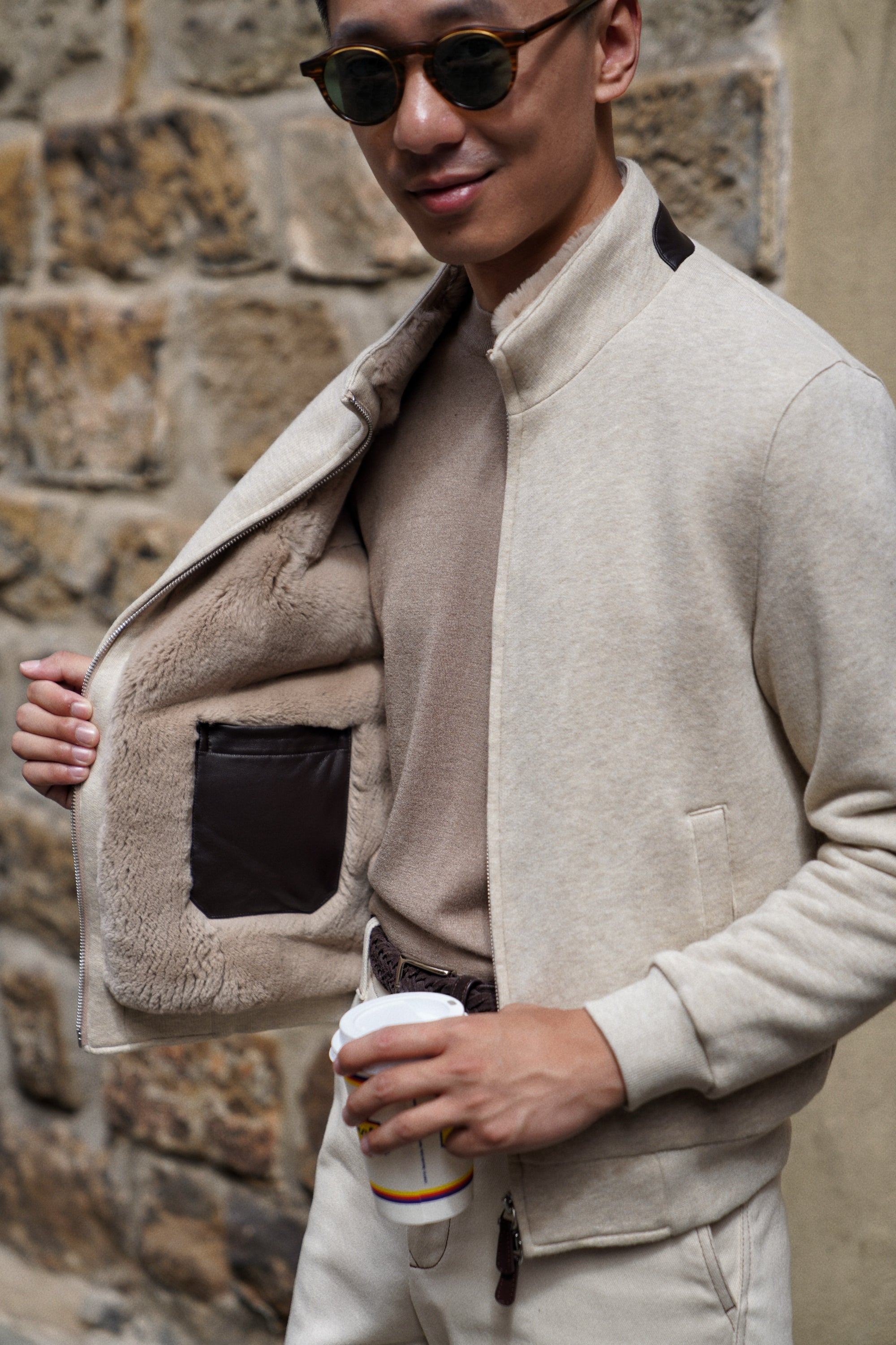 Beige Cotton Rex Fur Bomber Jacket #138