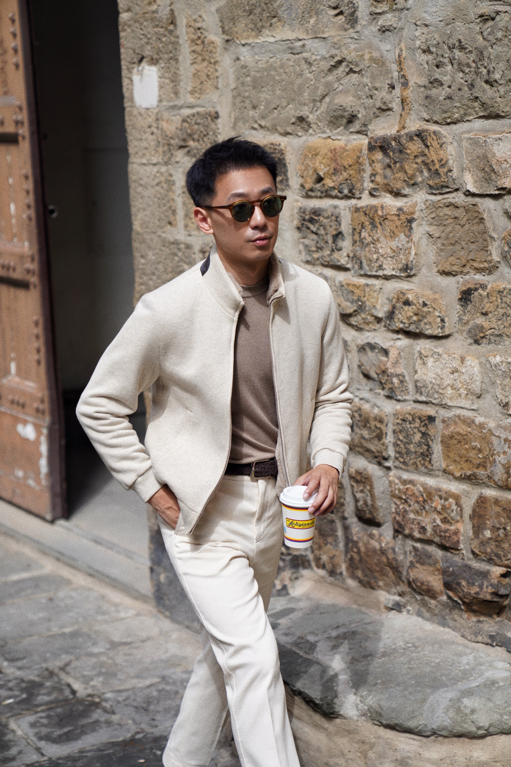 Beige Cotton Rex Fur Bomber Jacket #138